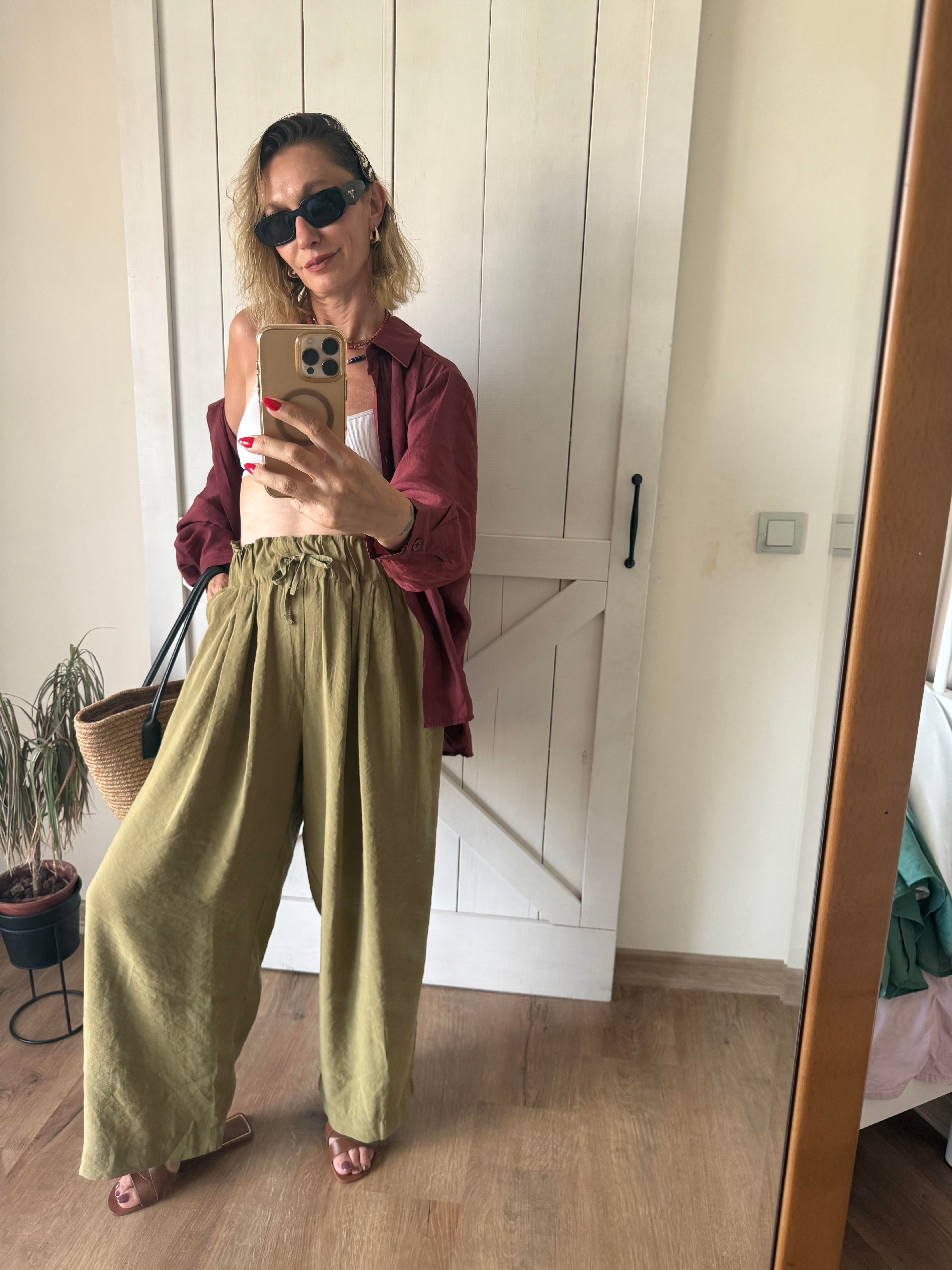 Beli Büzgülü Dubai Pantolon Yağ Yeşili