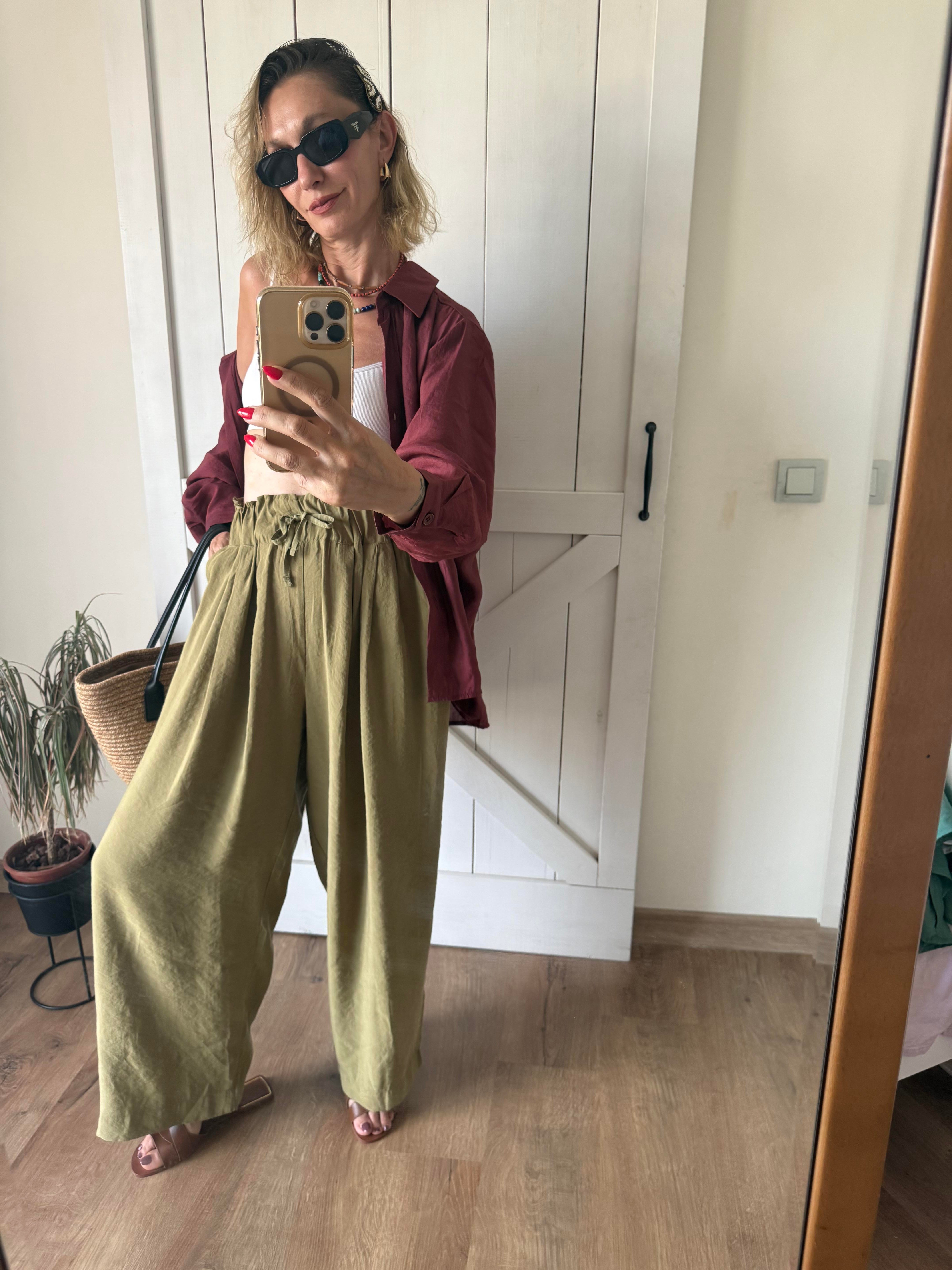 Beli Büzgülü Dubai Pantolon Yağ Yeşili