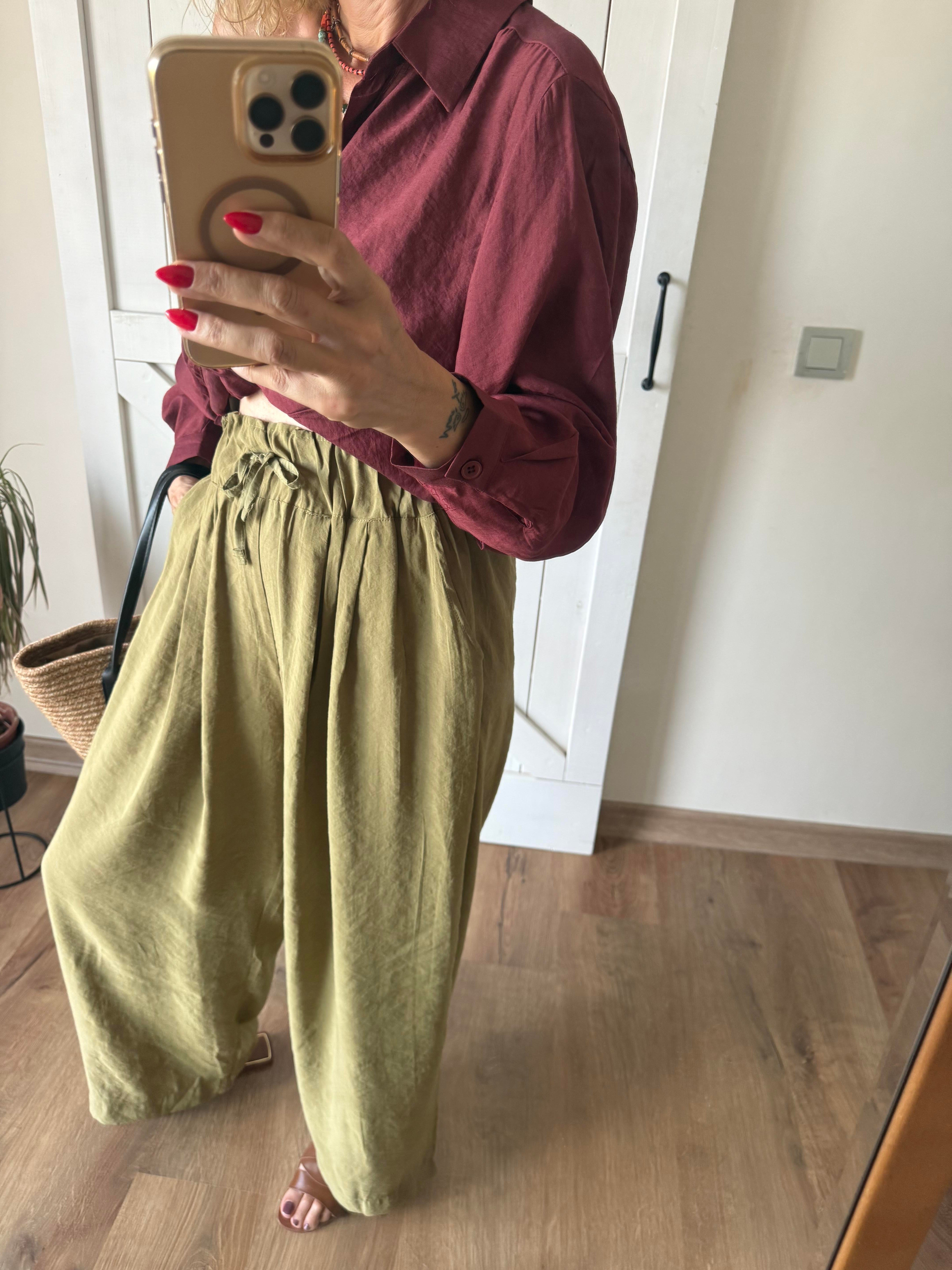 Beli Büzgülü Dubai Pantolon Yağ Yeşili