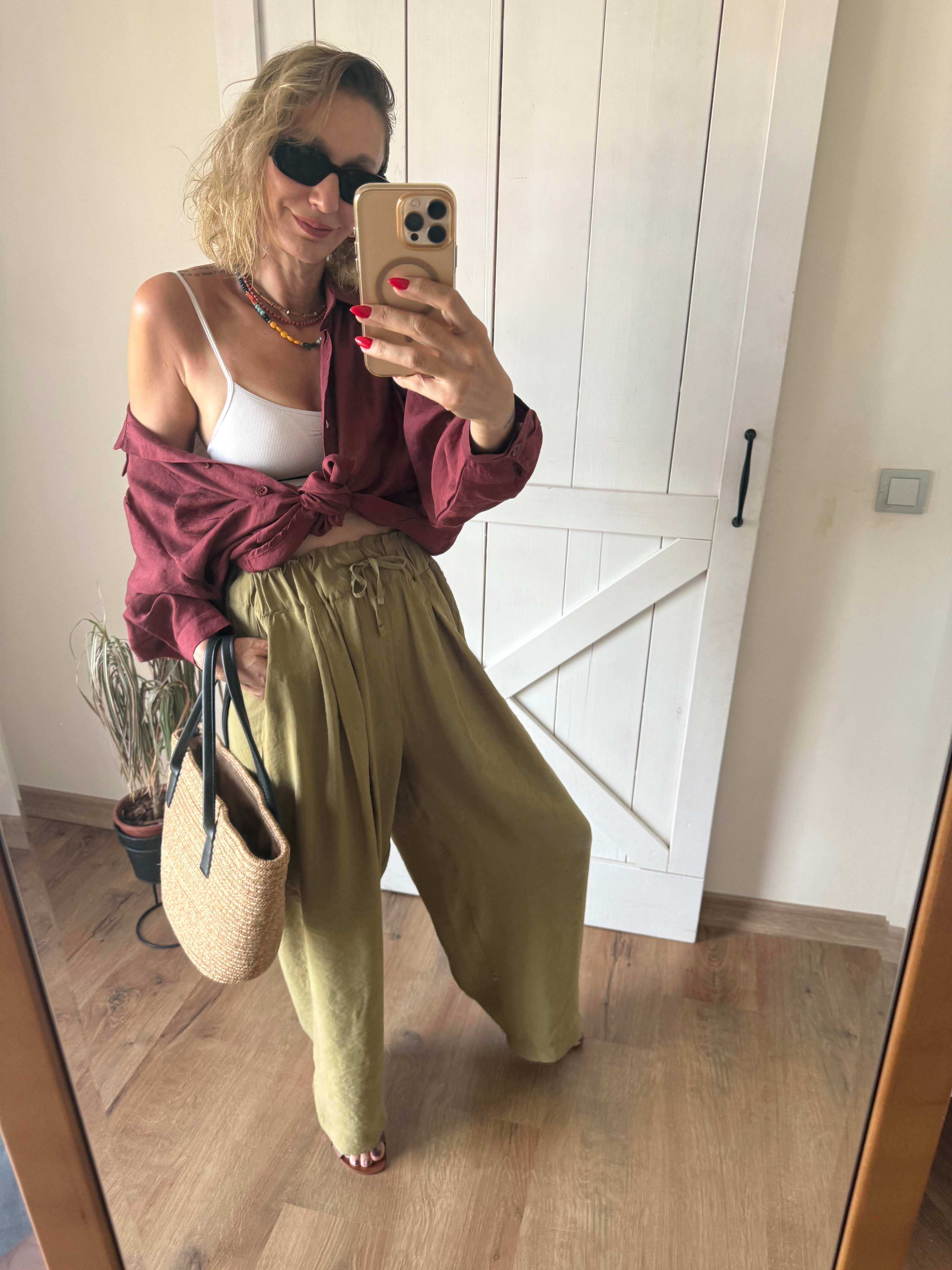 Beli Büzgülü Dubai Pantolon Yağ Yeşili