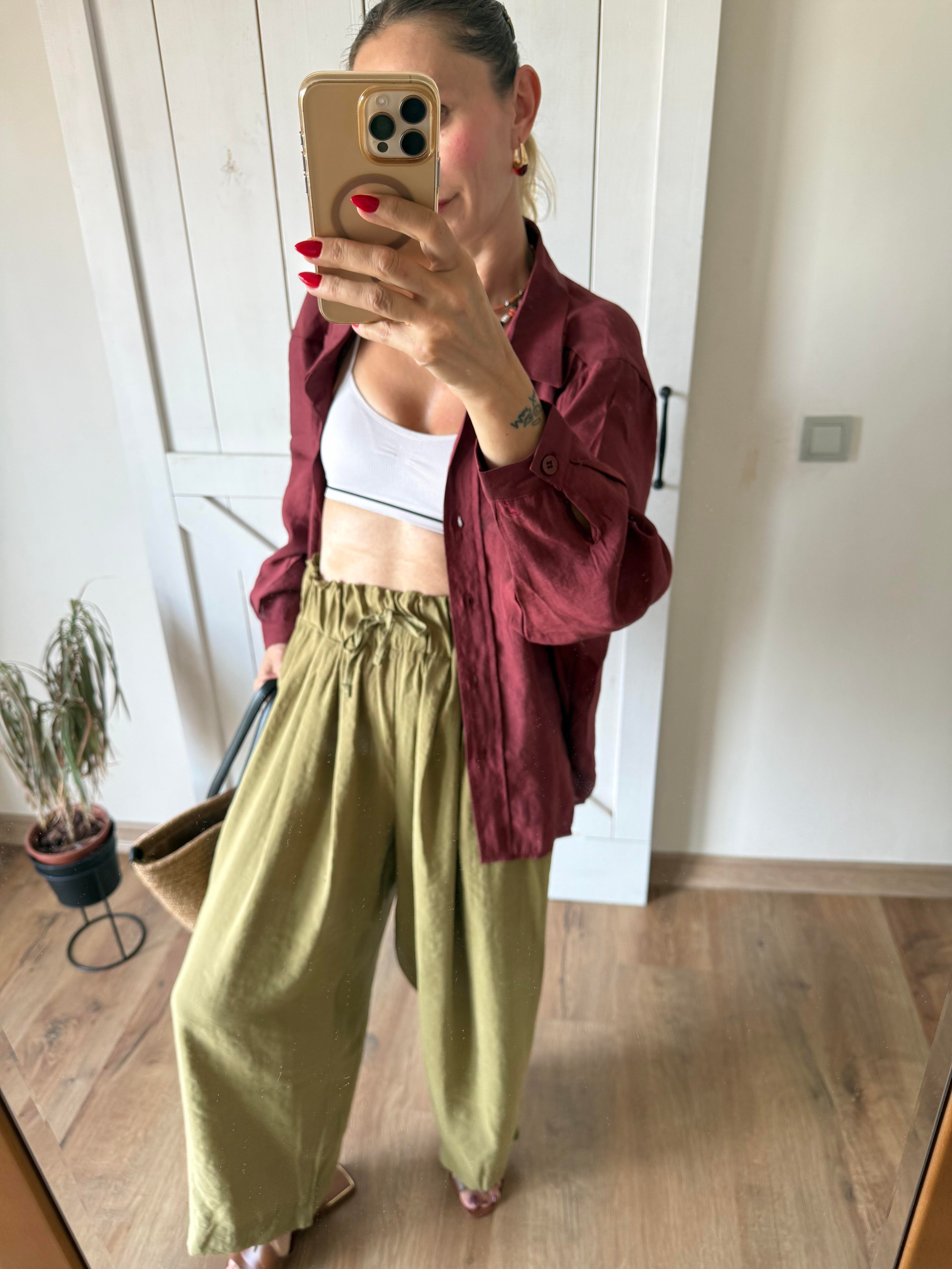 Beli Büzgülü Dubai Pantolon Yağ Yeşili