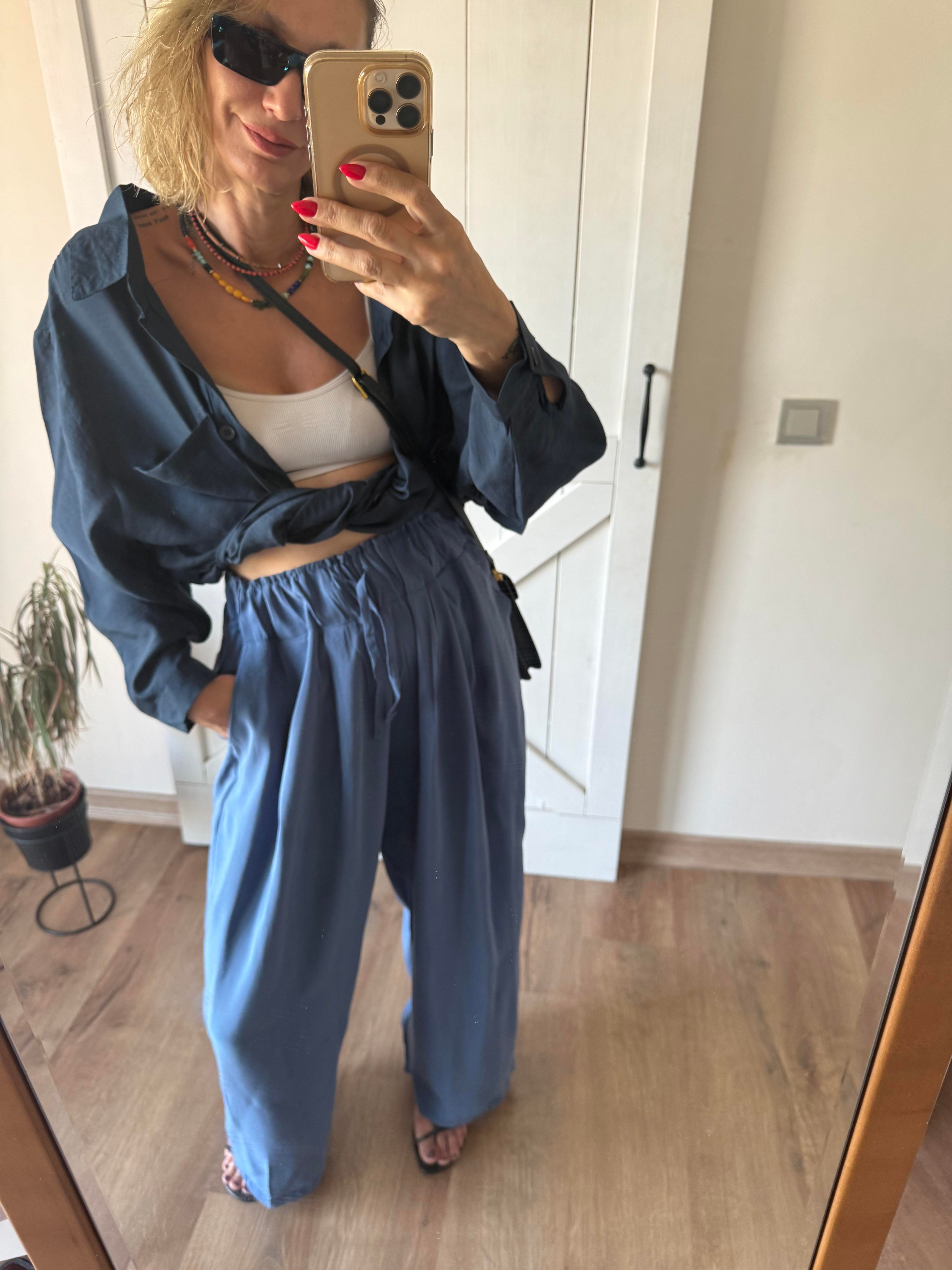 Beli Büzgülü İndigo Pantolon