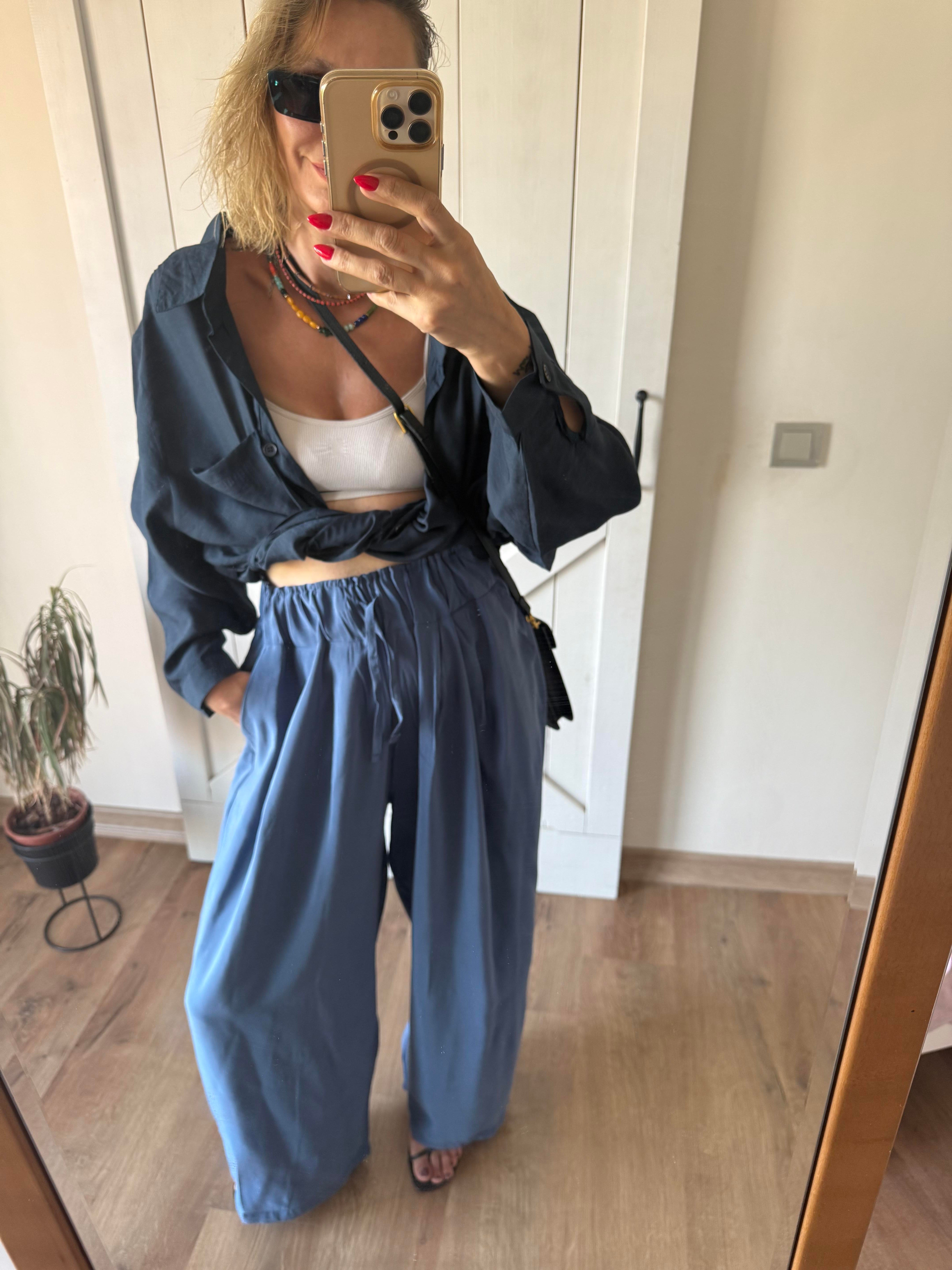 Beli Büzgülü İndigo Pantolon