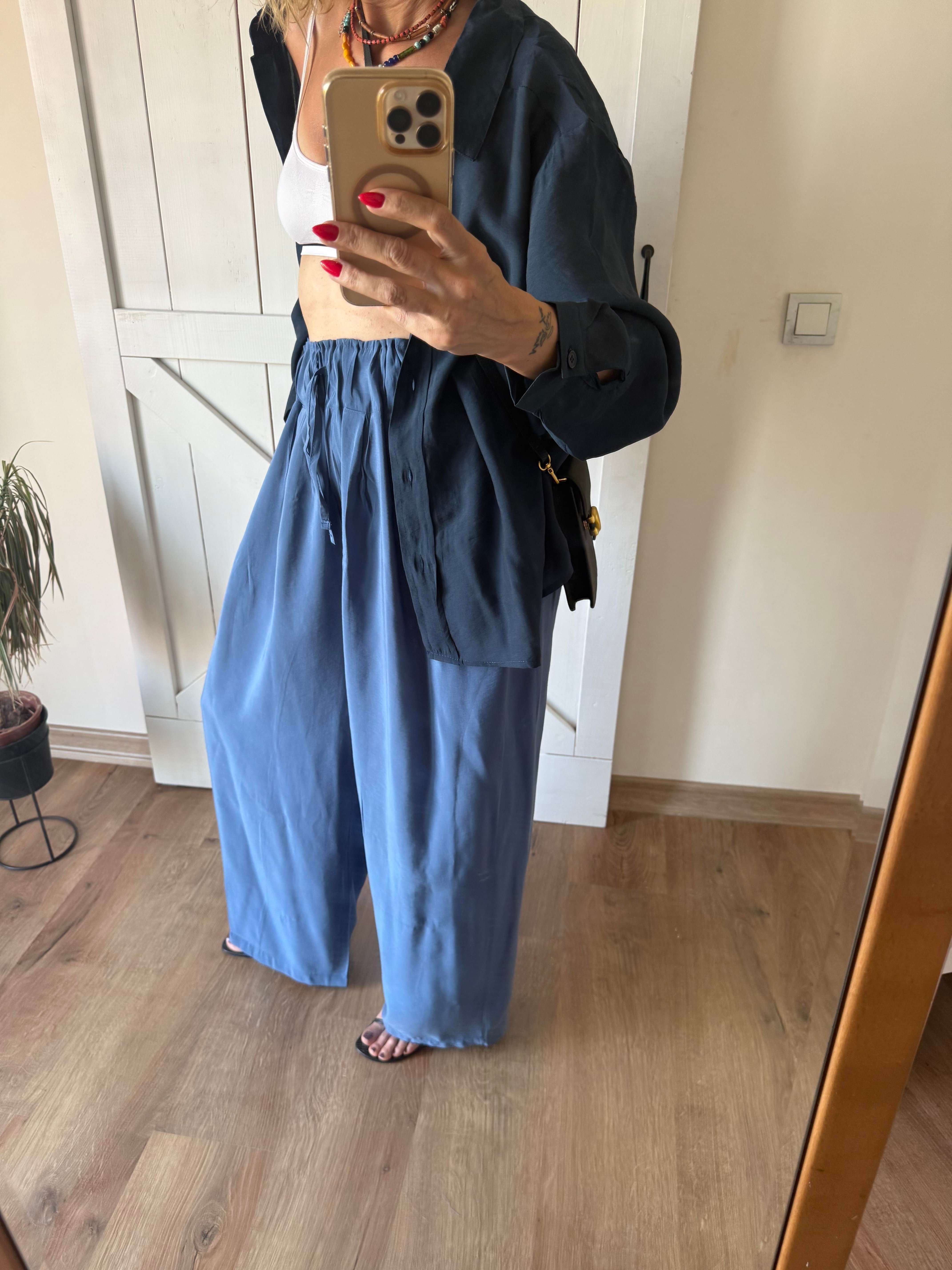 Beli Büzgülü İndigo Pantolon