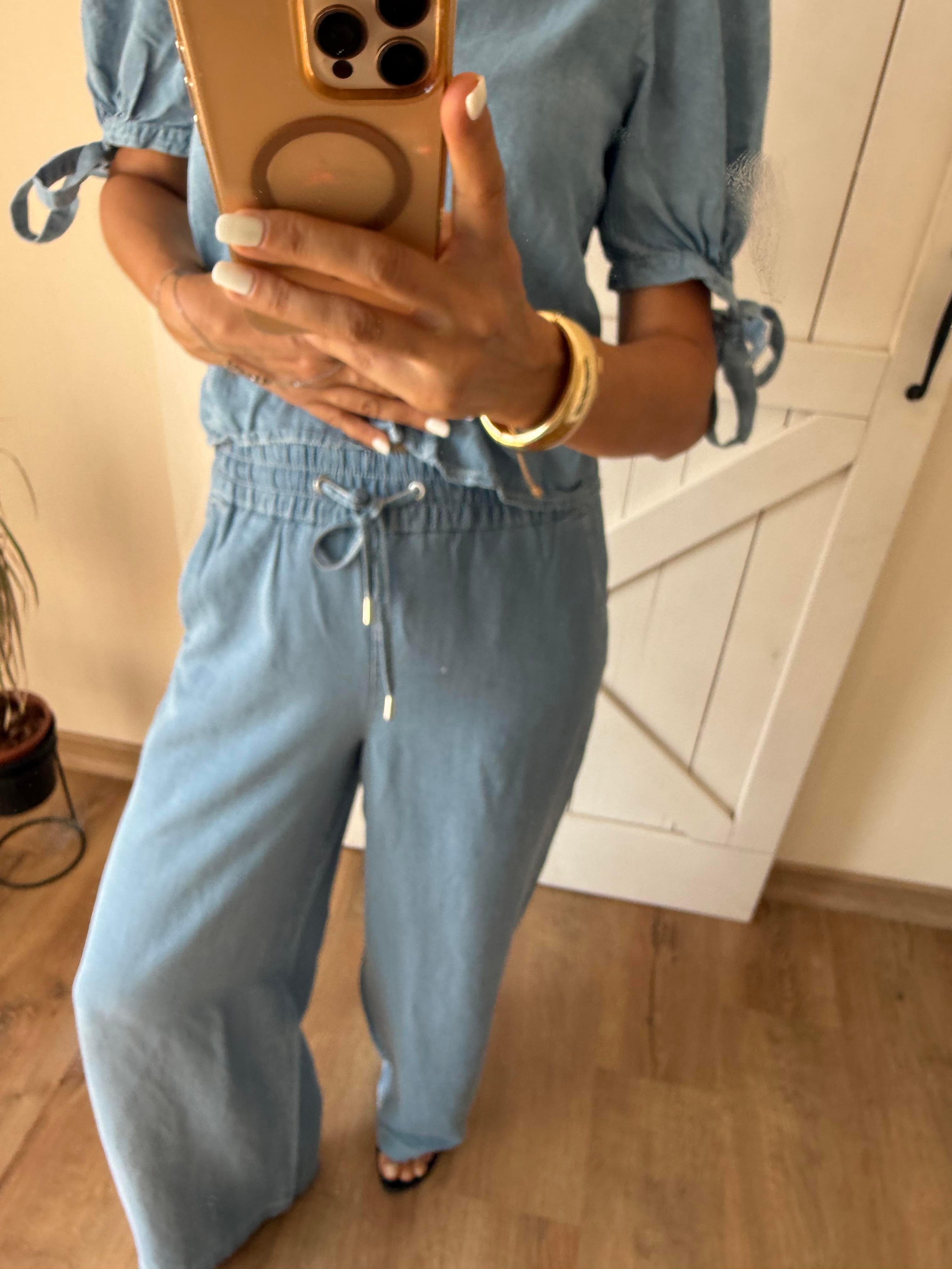 Beli Lastikli Denim Görünüm Pantolon