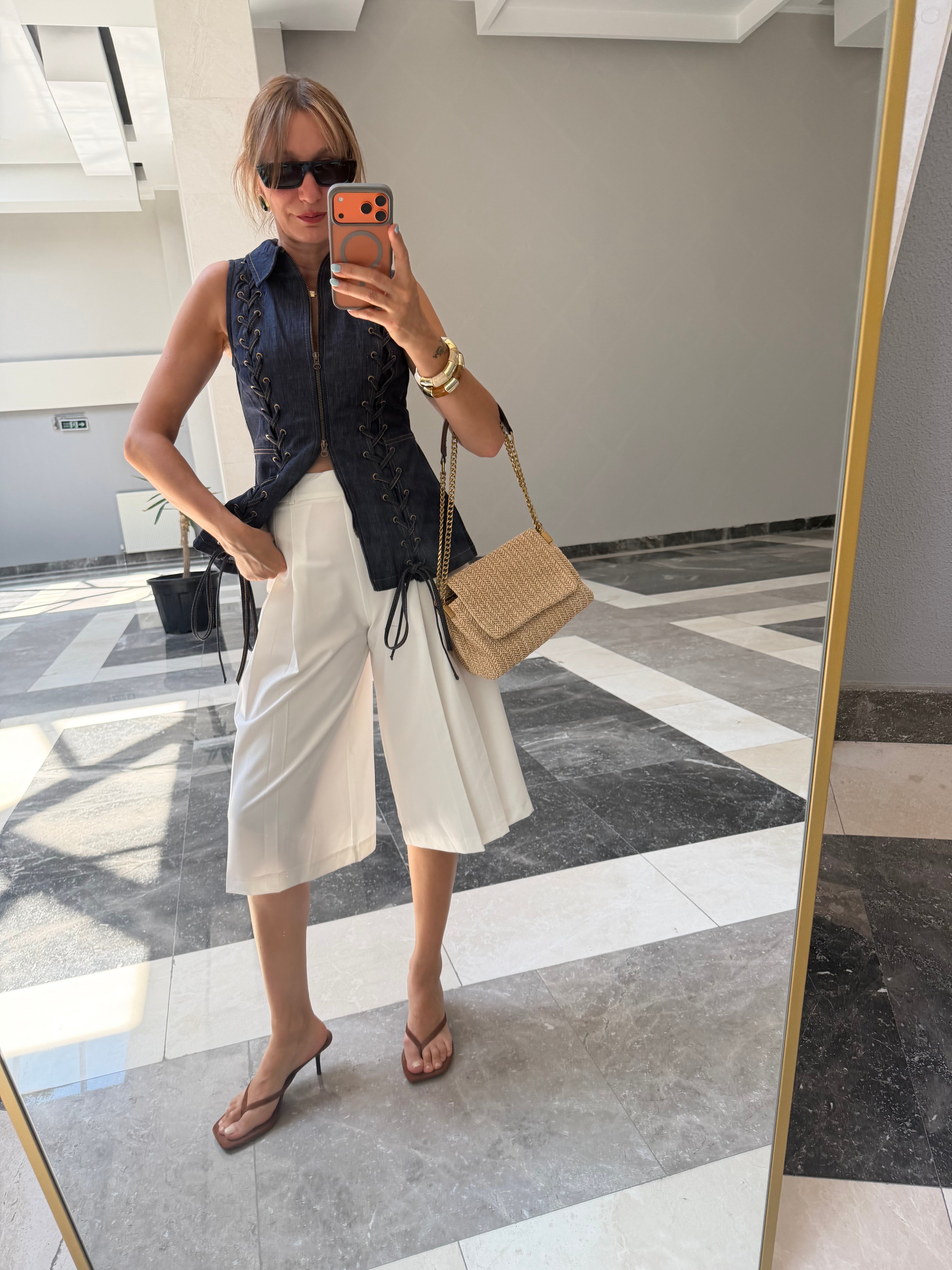 Beyaz Culotte Çift  Pileli Pantolon/Şort