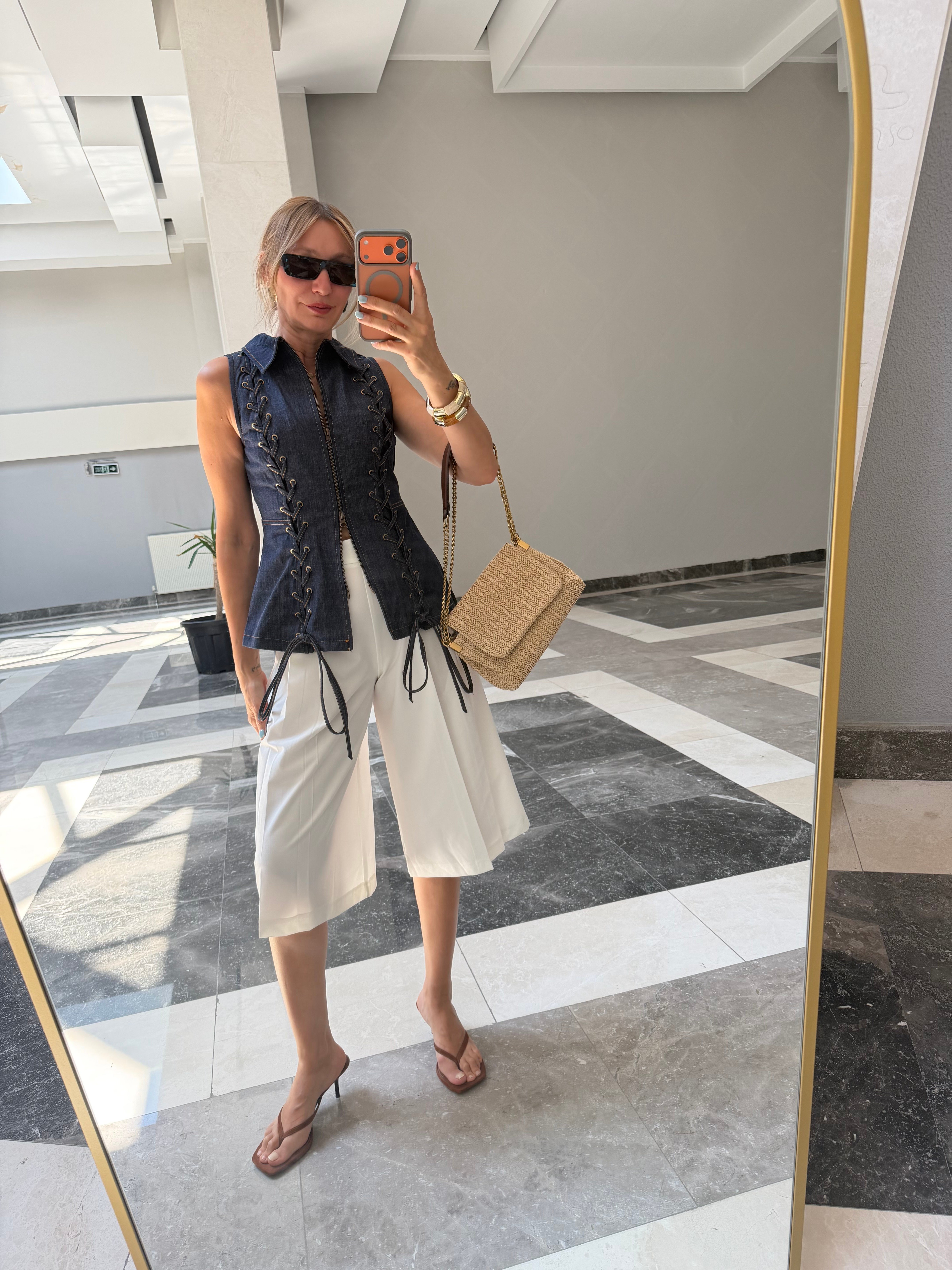 Beyaz Culotte Çift  Pileli Pantolon/Şort