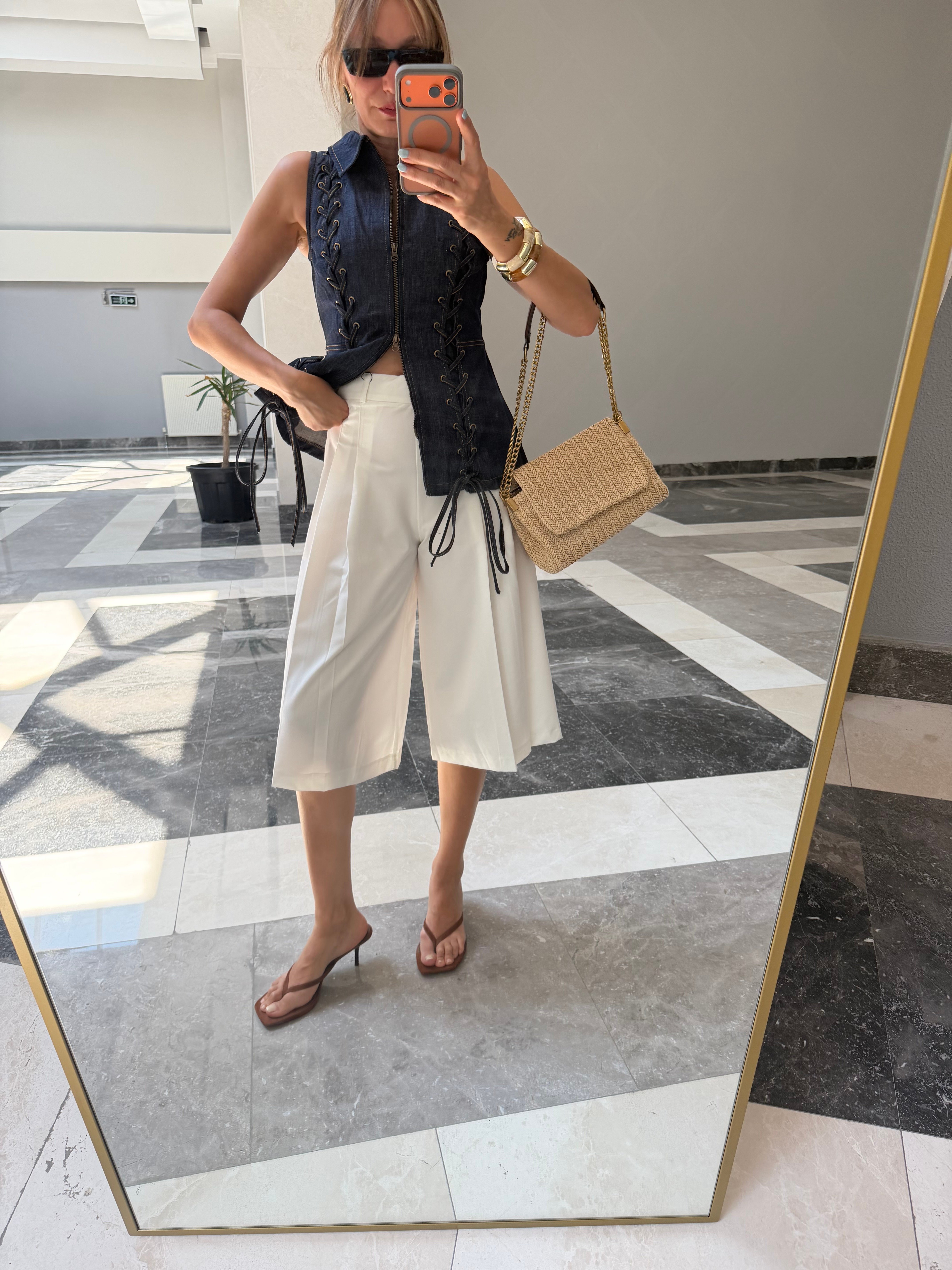 Beyaz Culotte Çift  Pileli Pantolon/Şort