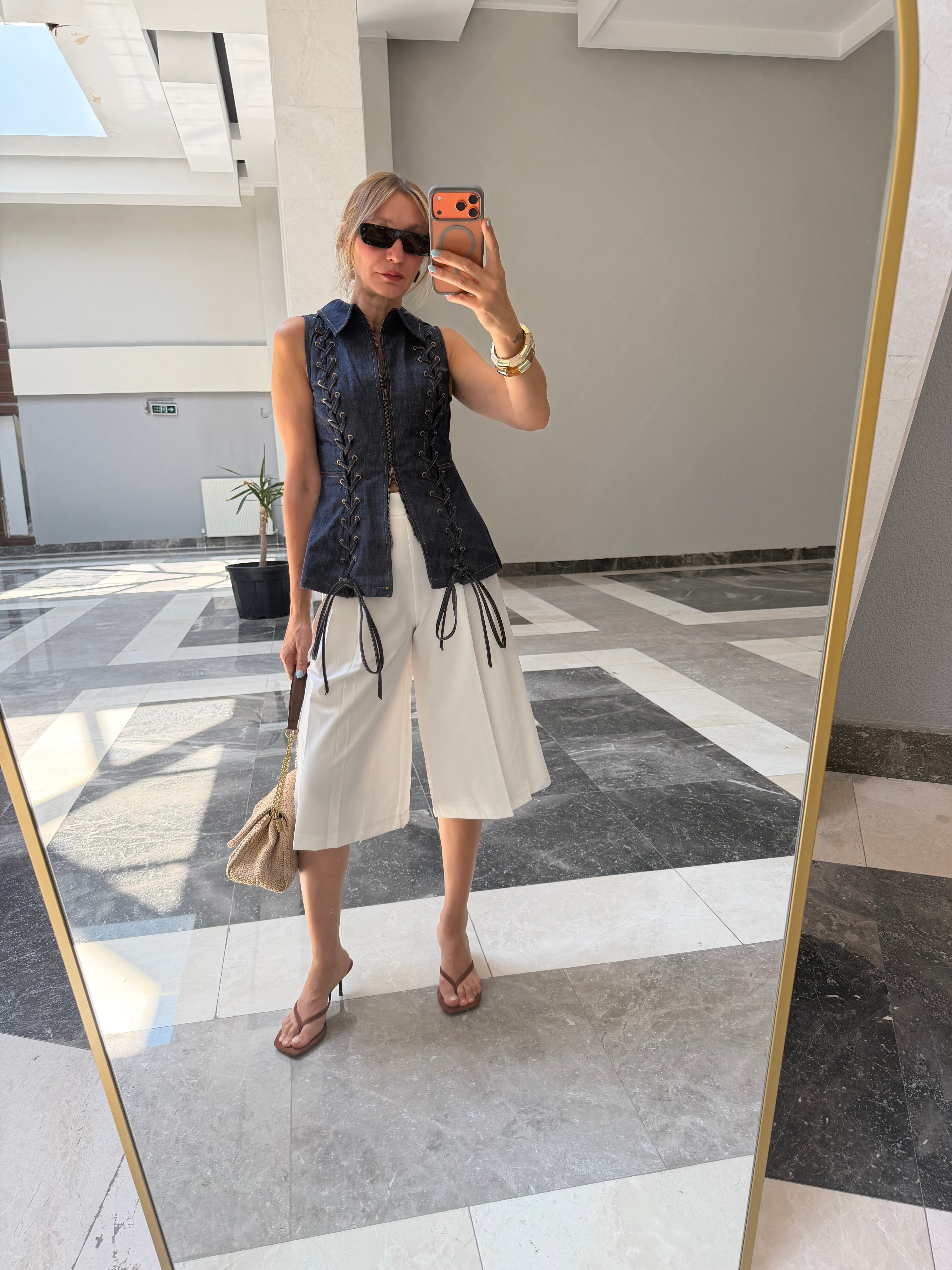 Beyaz Culotte Çift  Pileli Pantolon/Şort