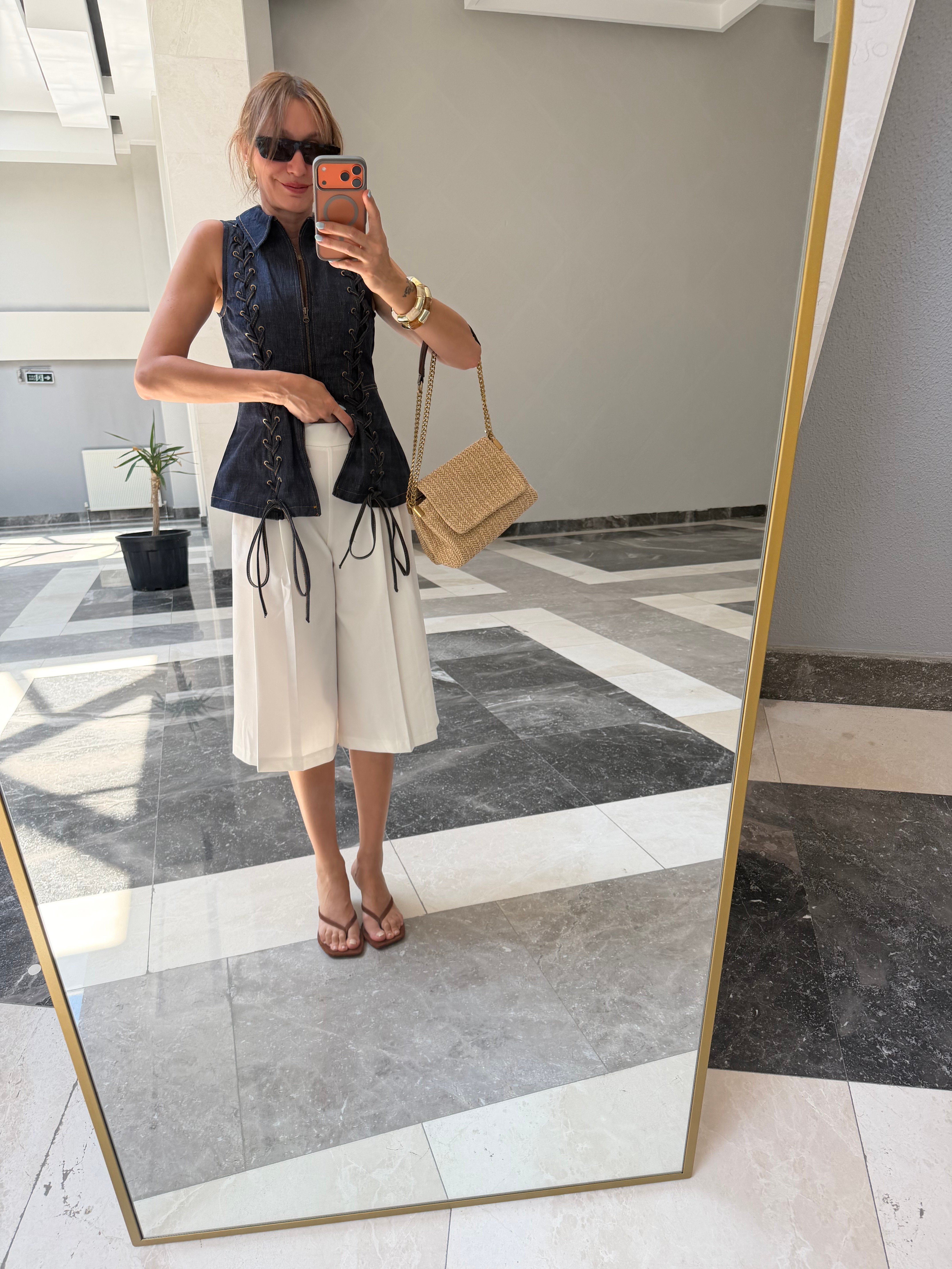 Beyaz Culotte Çift  Pileli Pantolon/Şort