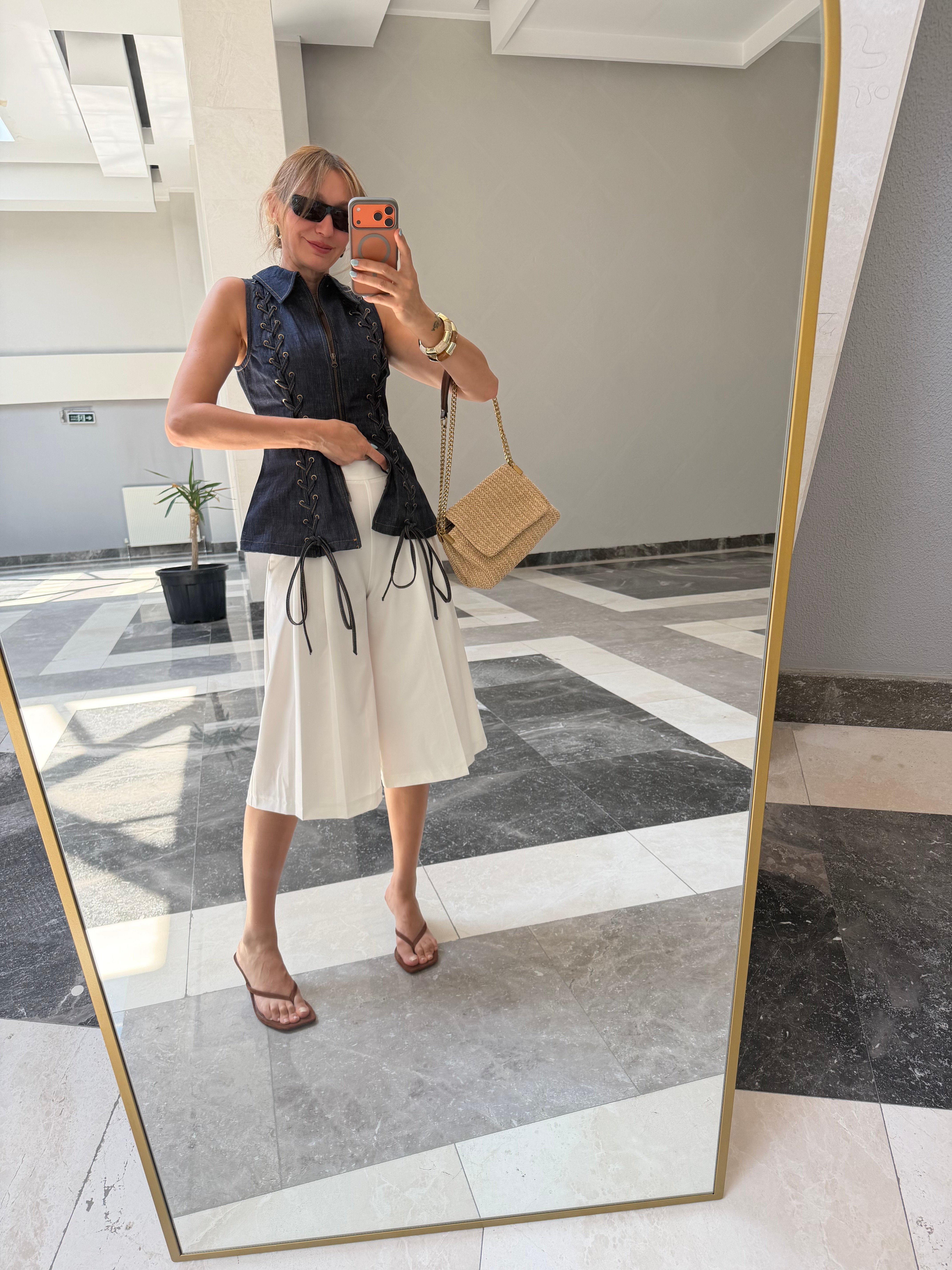 Beyaz Culotte Çift  Pileli Pantolon/Şort