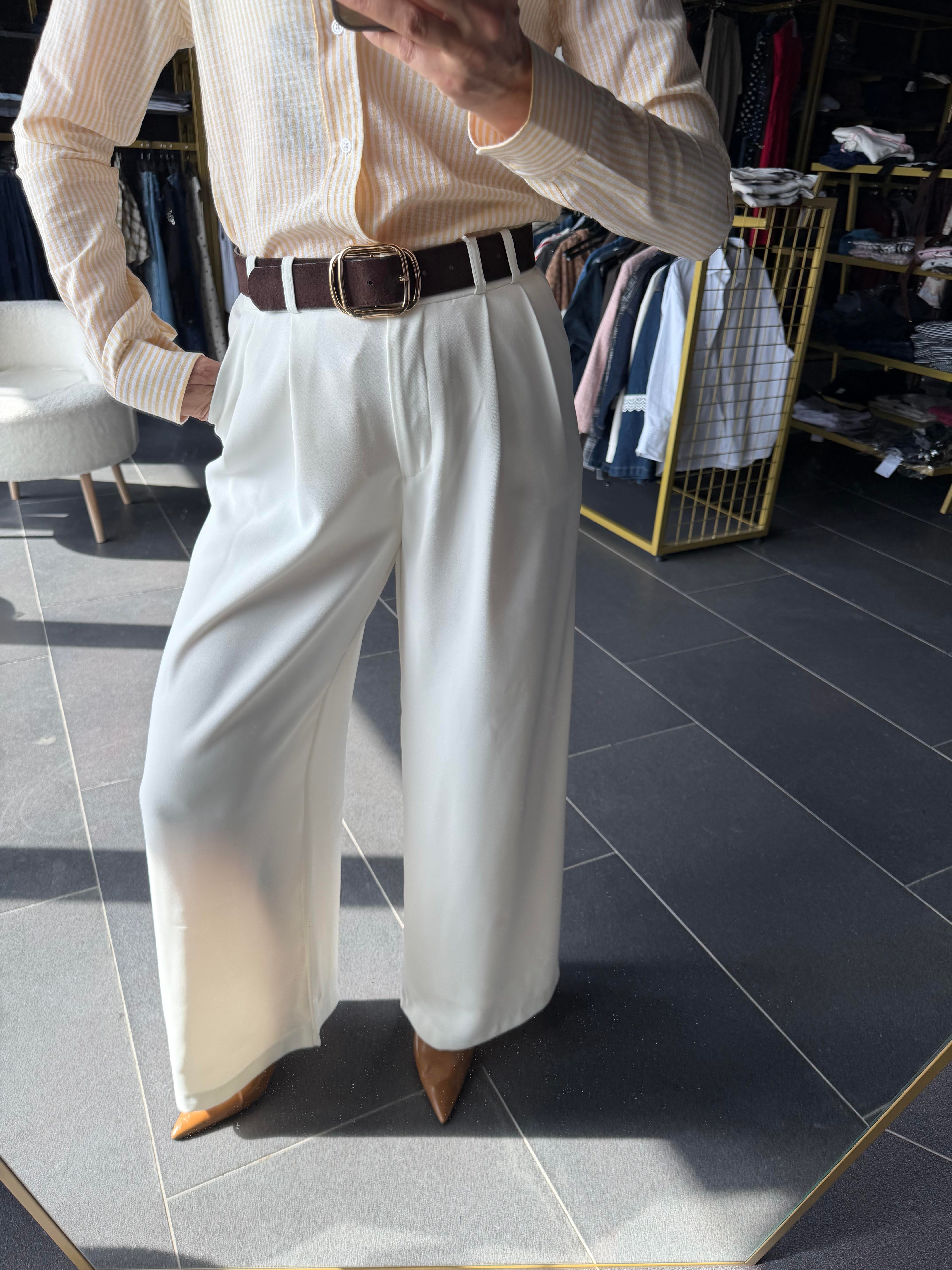 Beyaz Double Kumaş Çift Pileli Pantolon