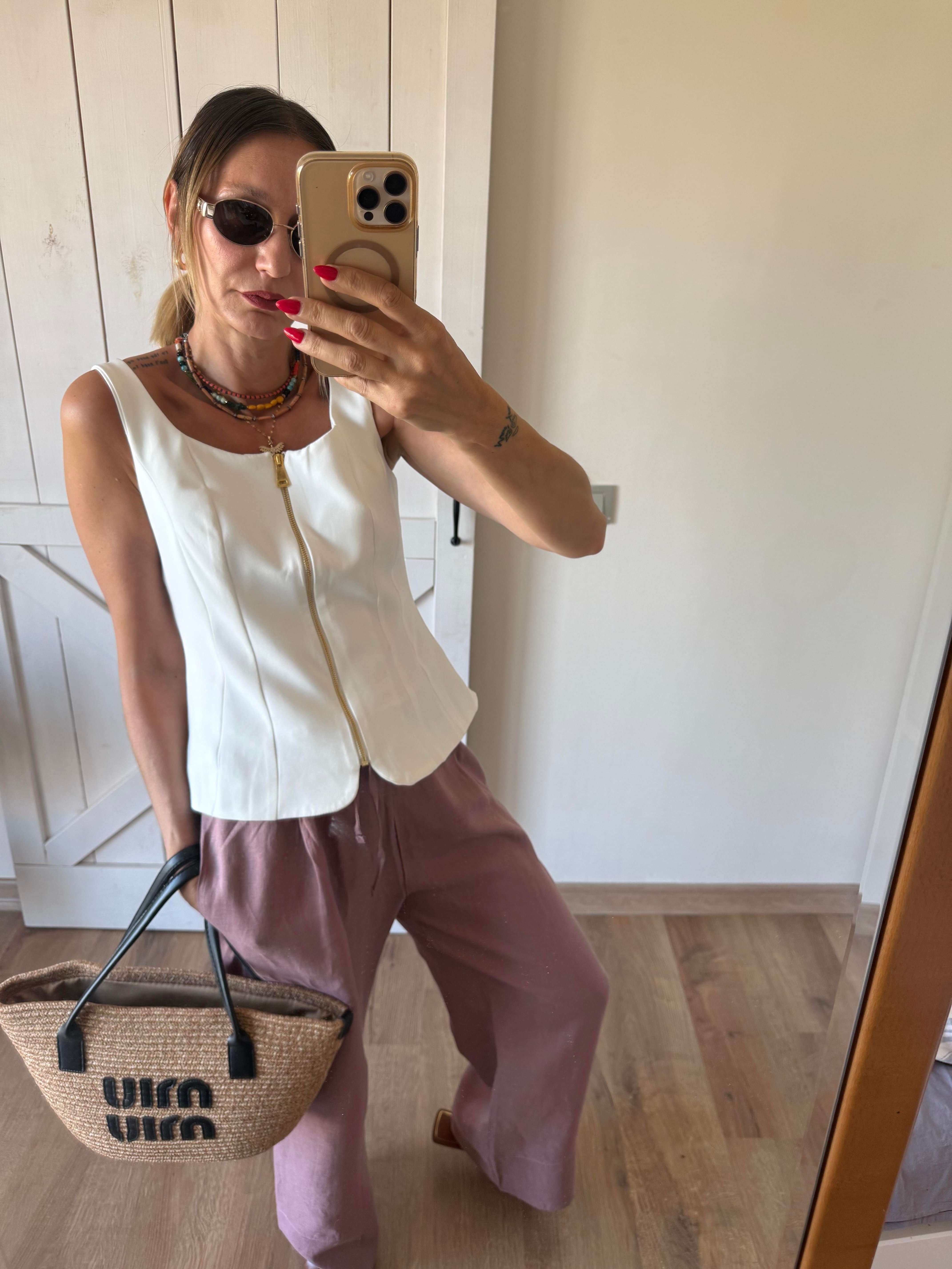 Beyaz Fermuarlı Kalın Askılı Yelek