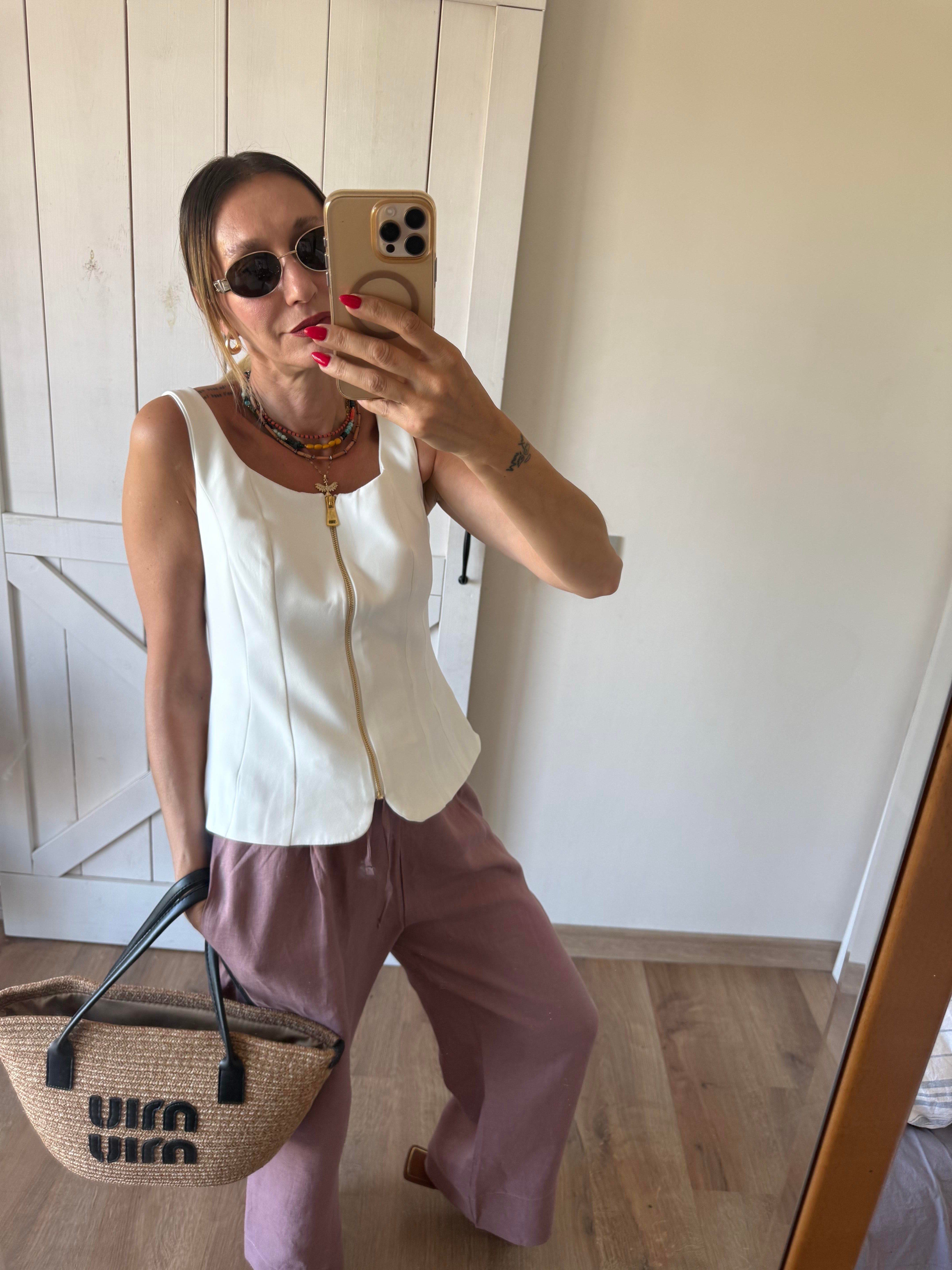 Beyaz Fermuarlı Kalın Askılı Yelek