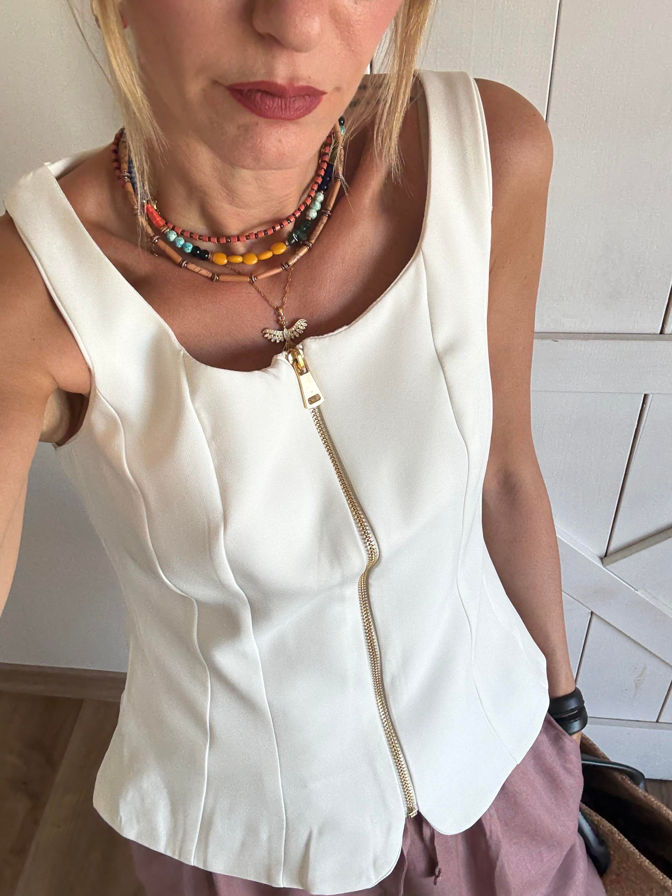 Beyaz Fermuarlı Kalın Askılı Yelek