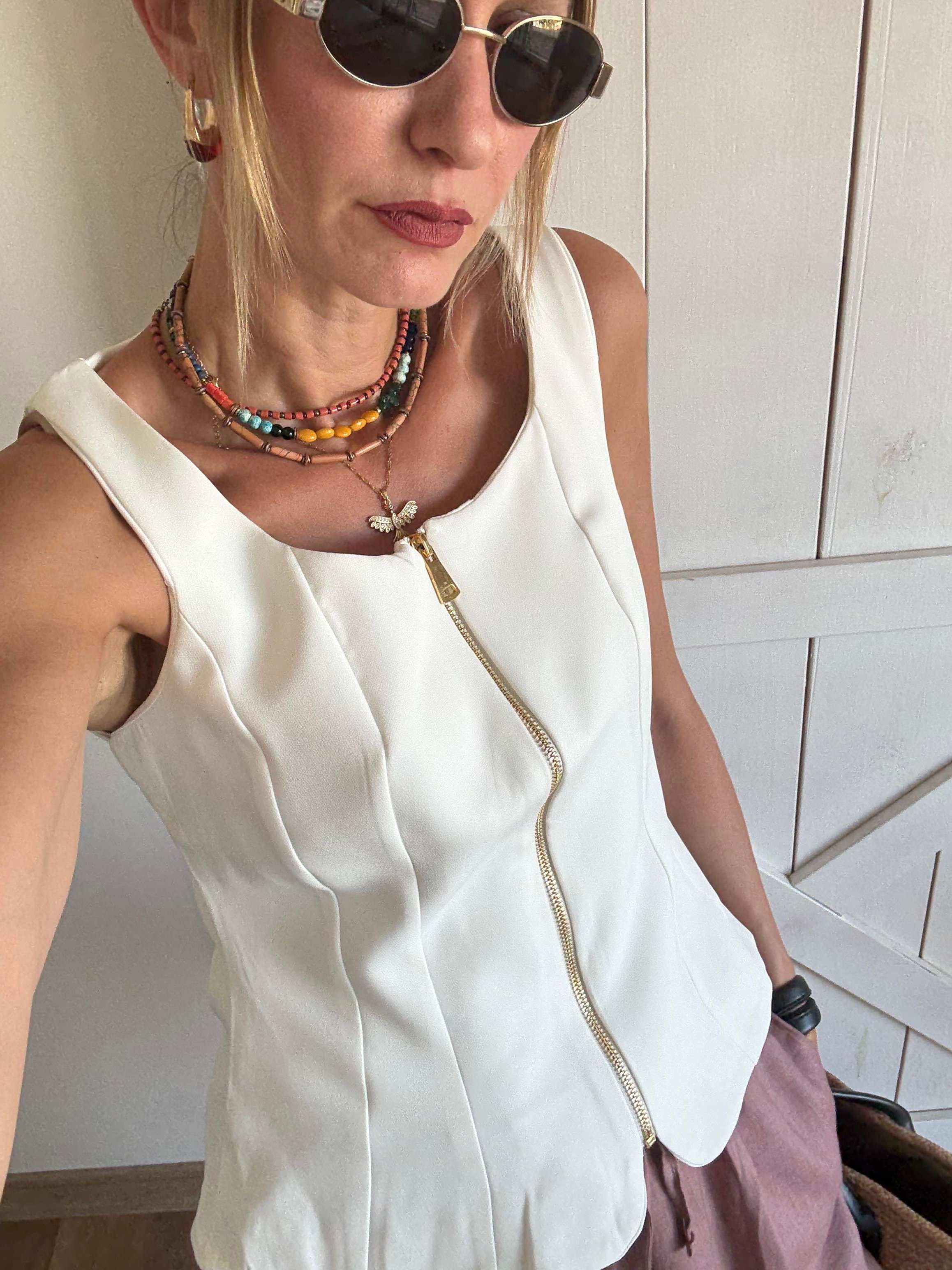 Beyaz Fermuarlı Kalın Askılı Yelek