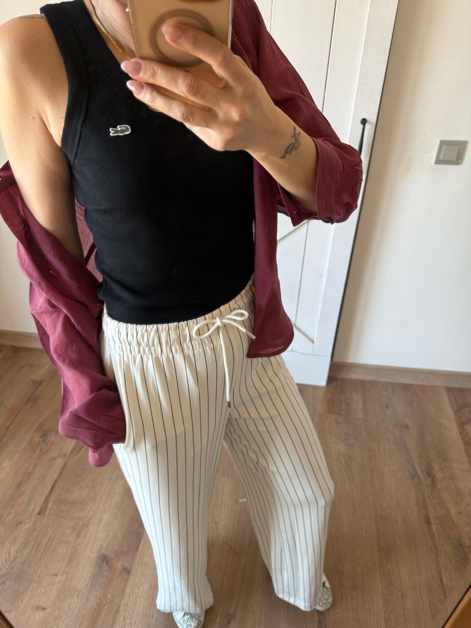 Beyaz Renk İnce Çizgili Modal Kumaş Kadın Palazzo Pantolon 