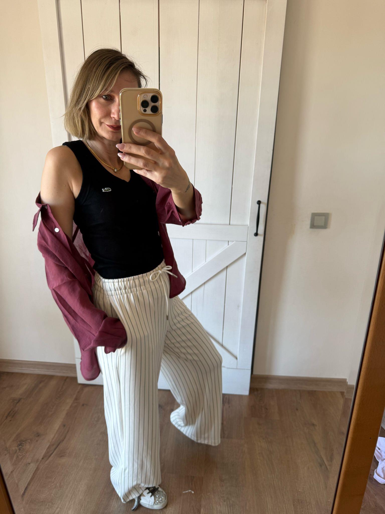 Beyaz Renk İnce Çizgili Modal Kumaş Kadın Palazzo Pantolon 