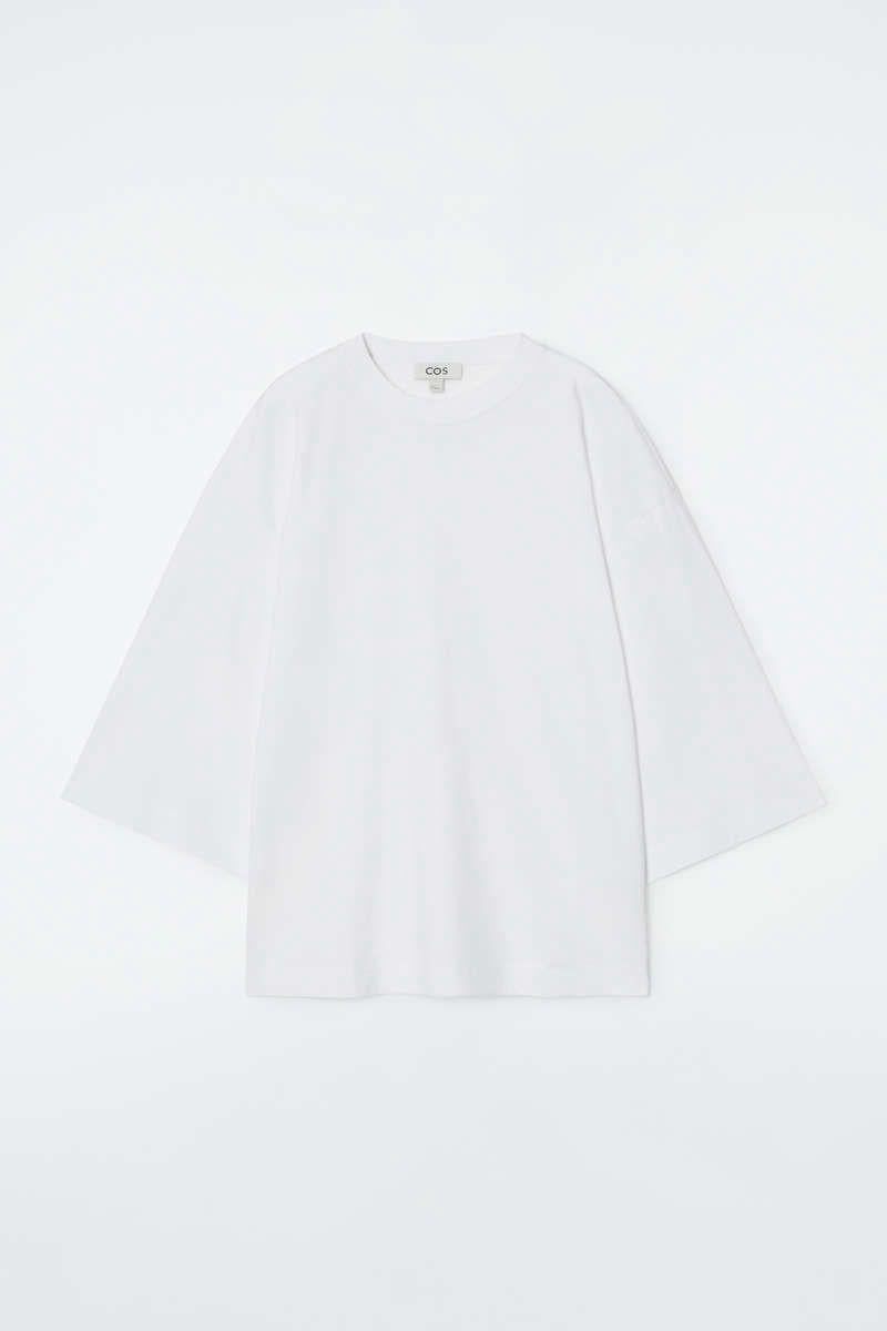 Beyaz Üç Çeyrek Kollu Kos Rahat Kesm Tshirt