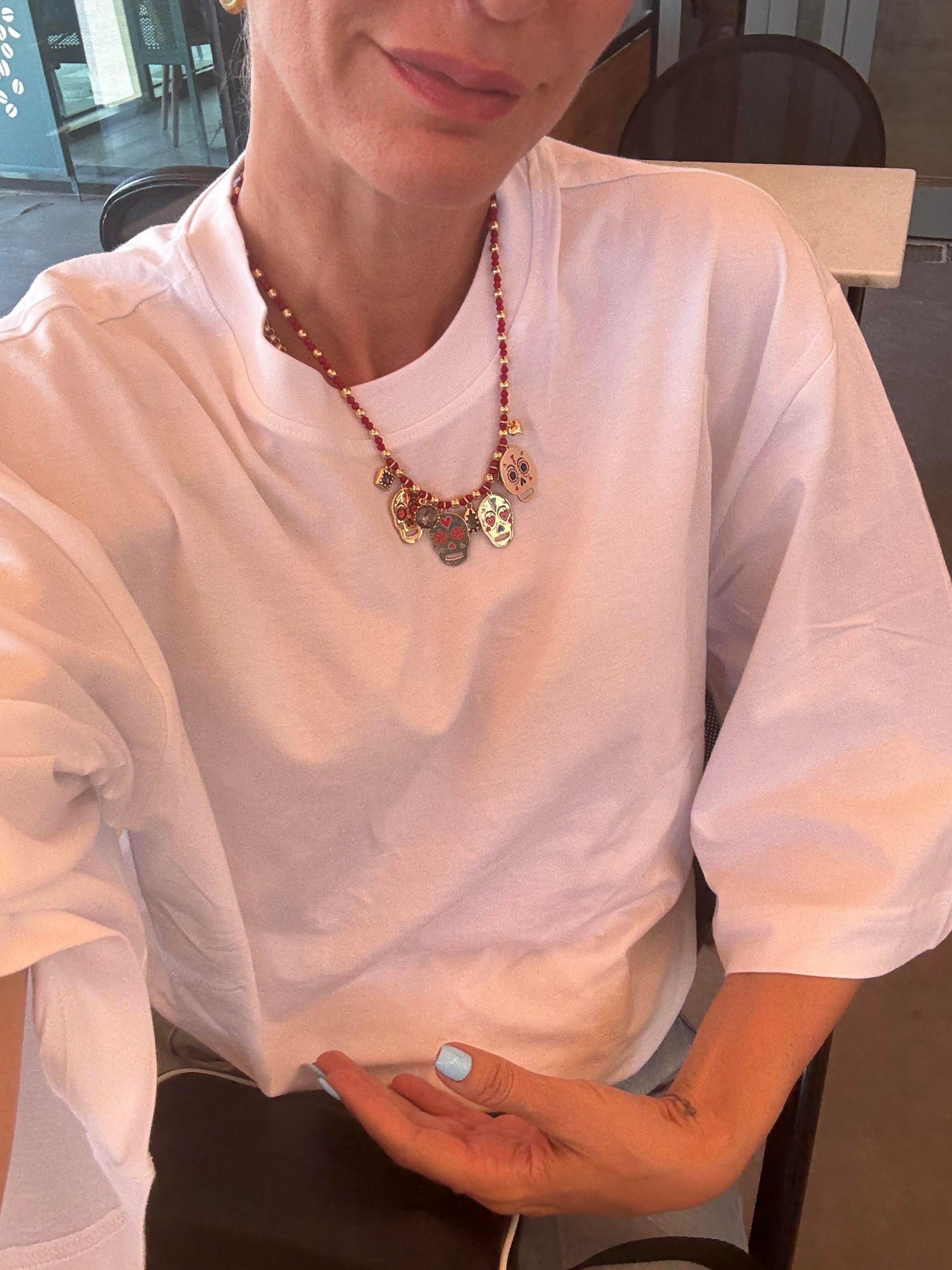 Beyaz Üç Çeyrek Kollu Kos Rahat Kesm Tshirt