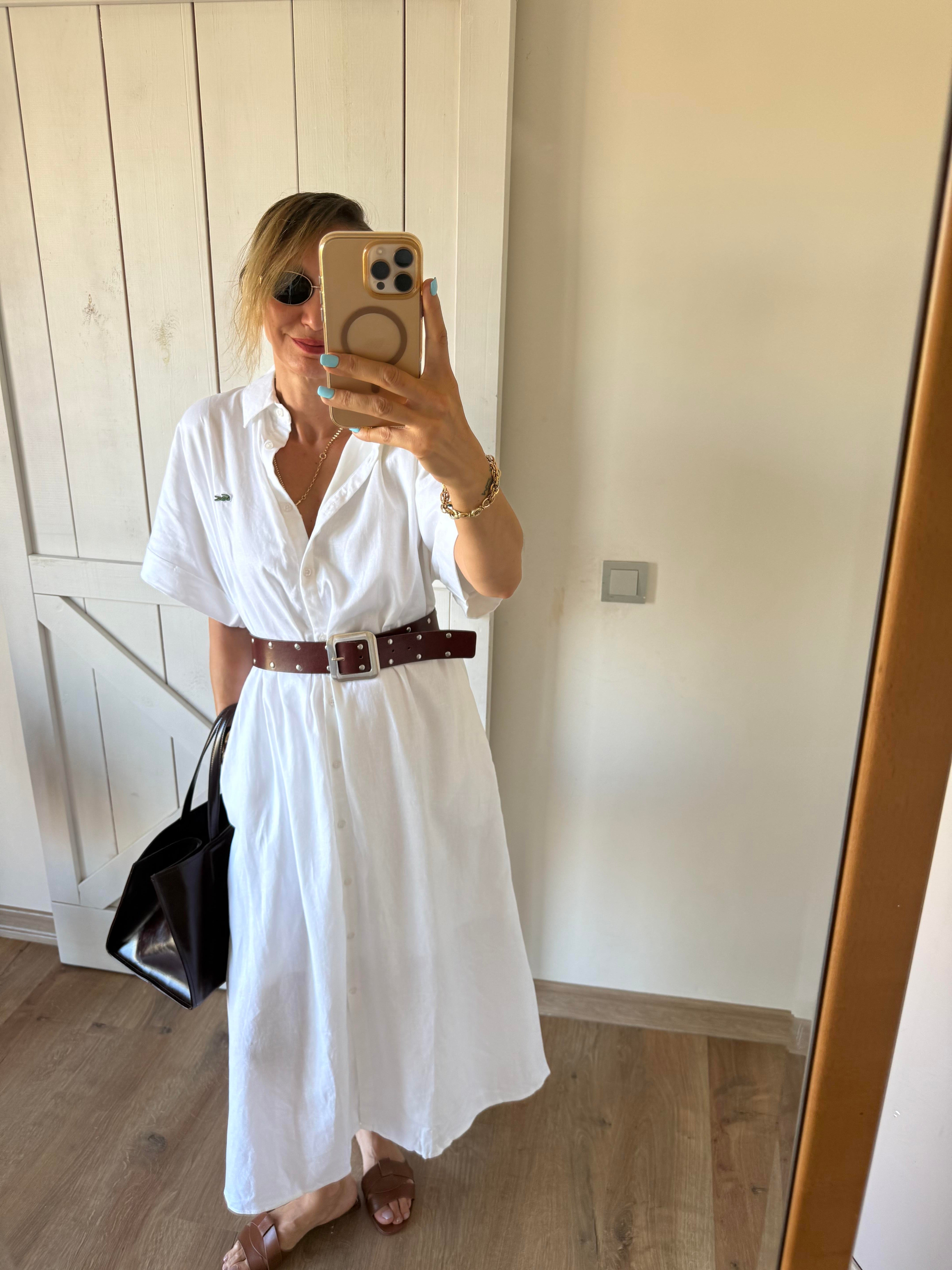 Beyaz Uzun Keten Gömlek Elbise