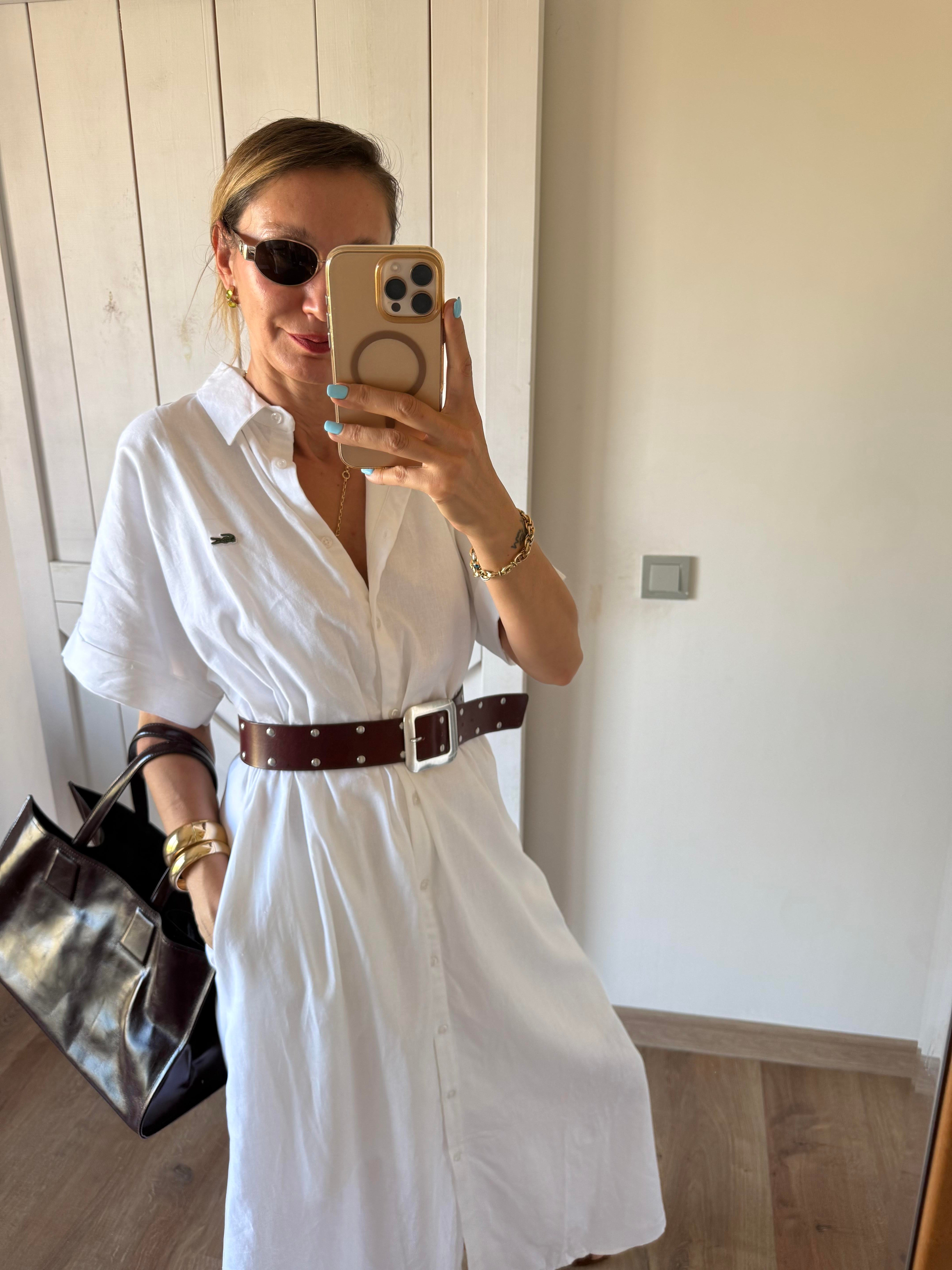 Beyaz Uzun Keten Gömlek Elbise