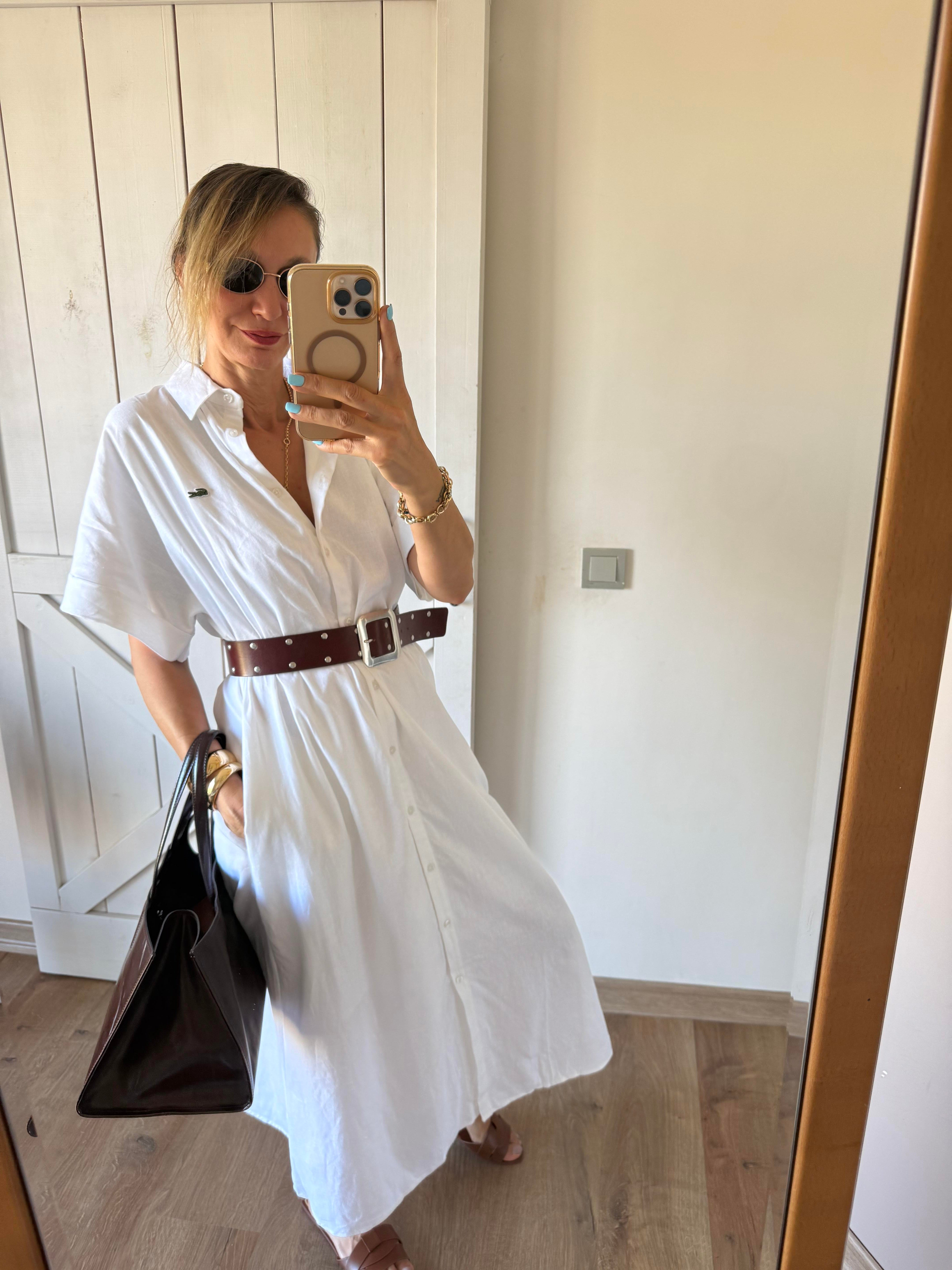 Beyaz Uzun Keten Gömlek Elbise