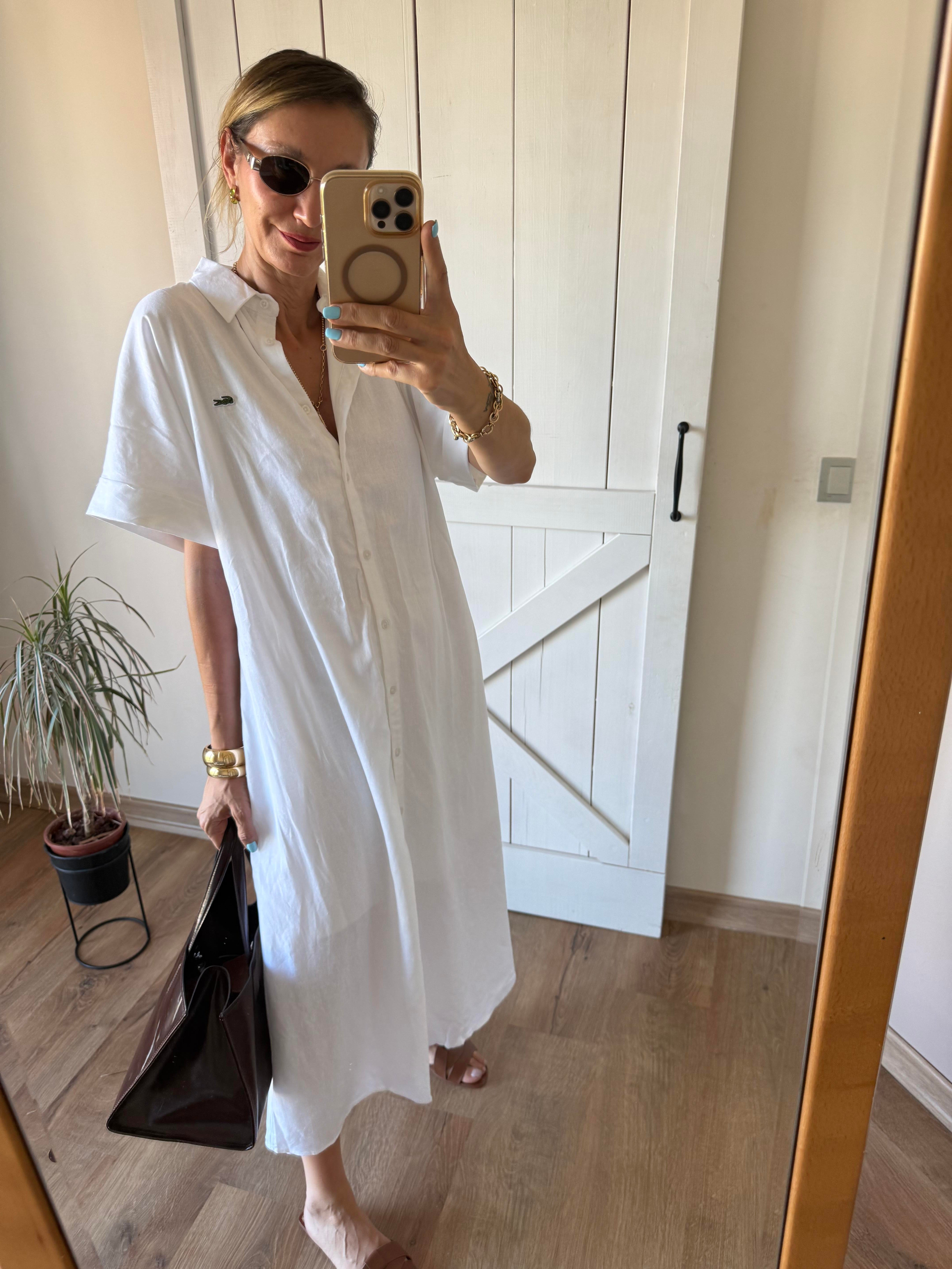 Beyaz Uzun Keten Gömlek Elbise