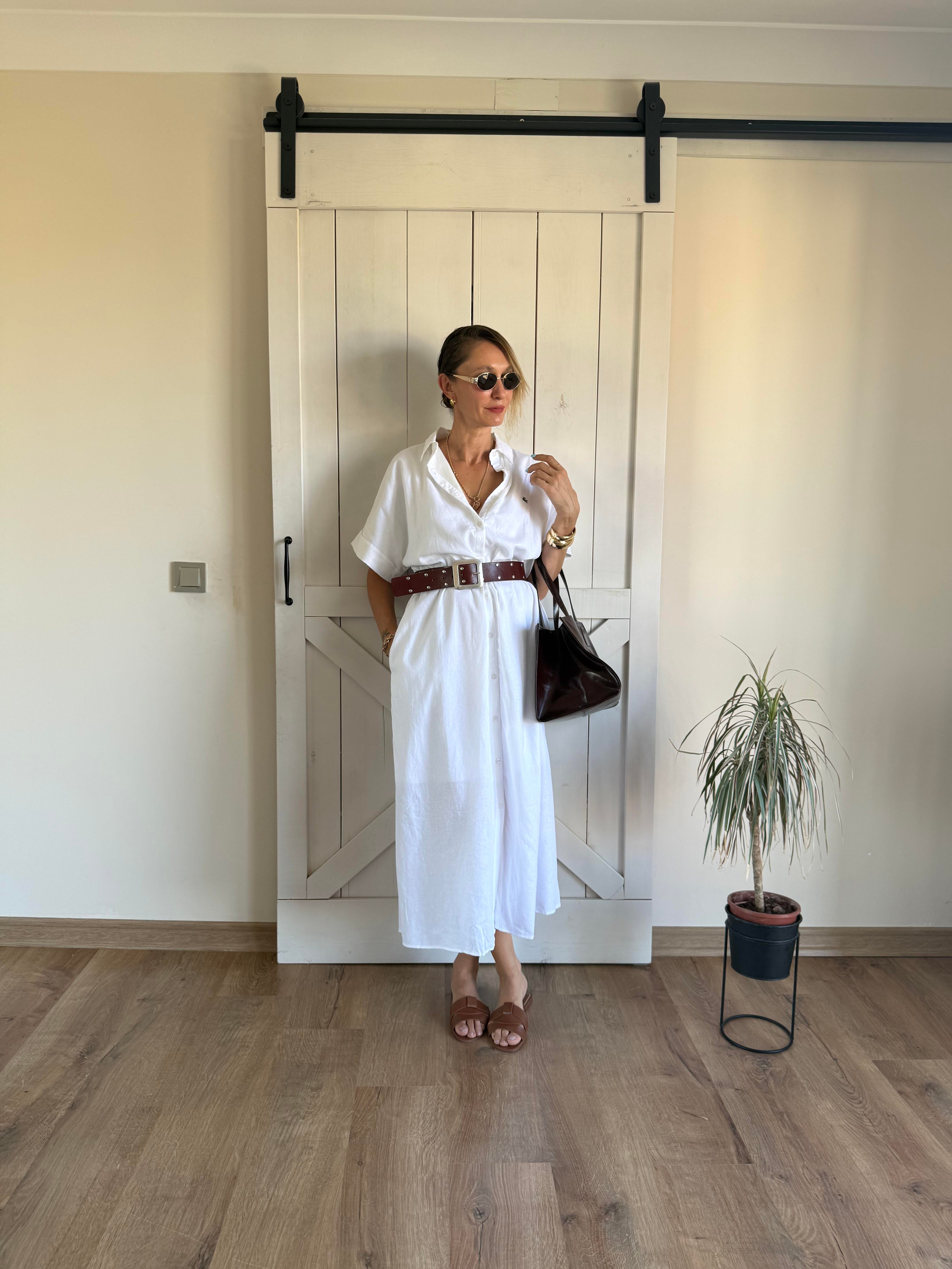 Beyaz Uzun Keten Gömlek Elbise