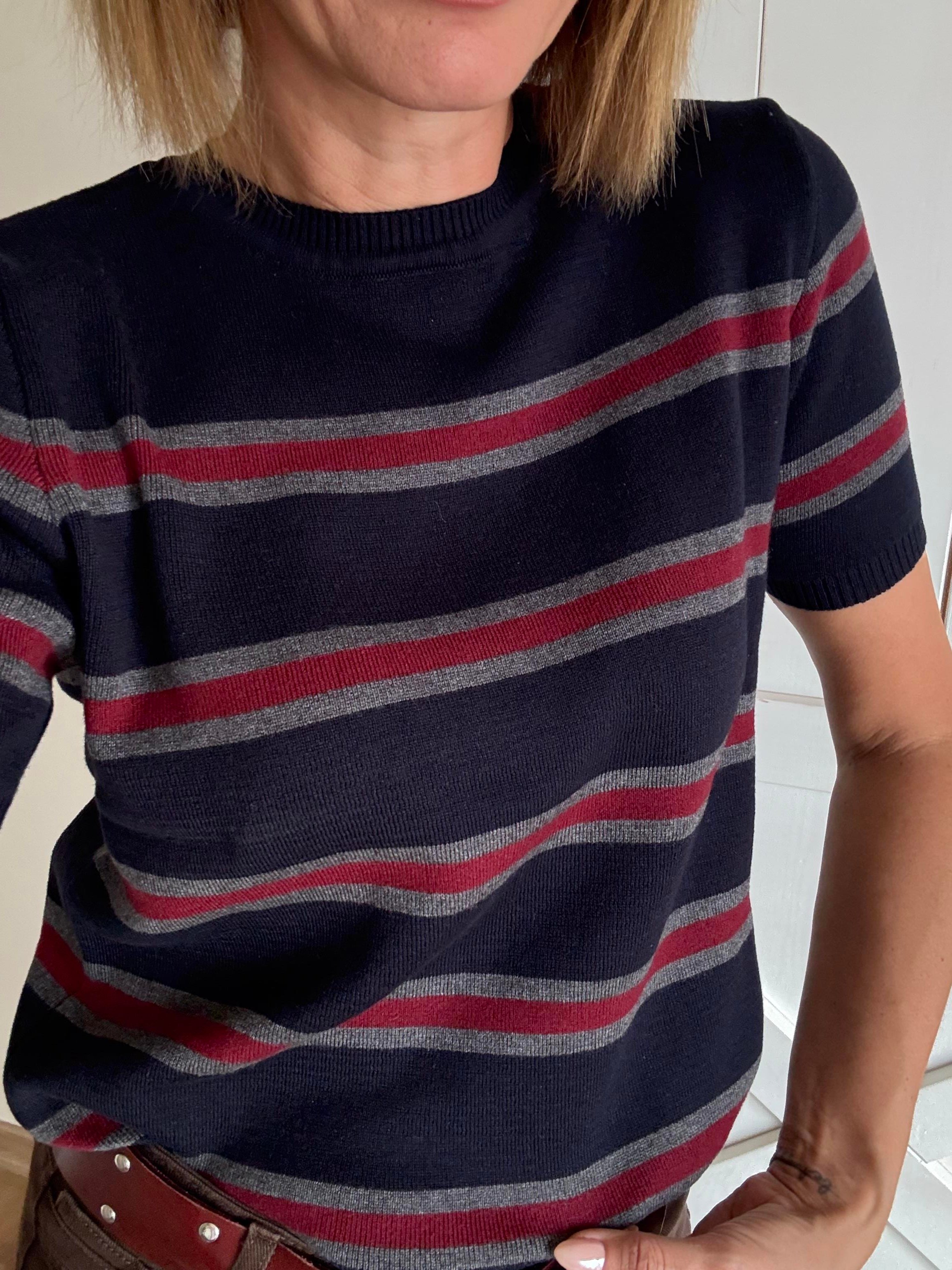 Bisiklet Yaka Çizgili Triko/Bordo