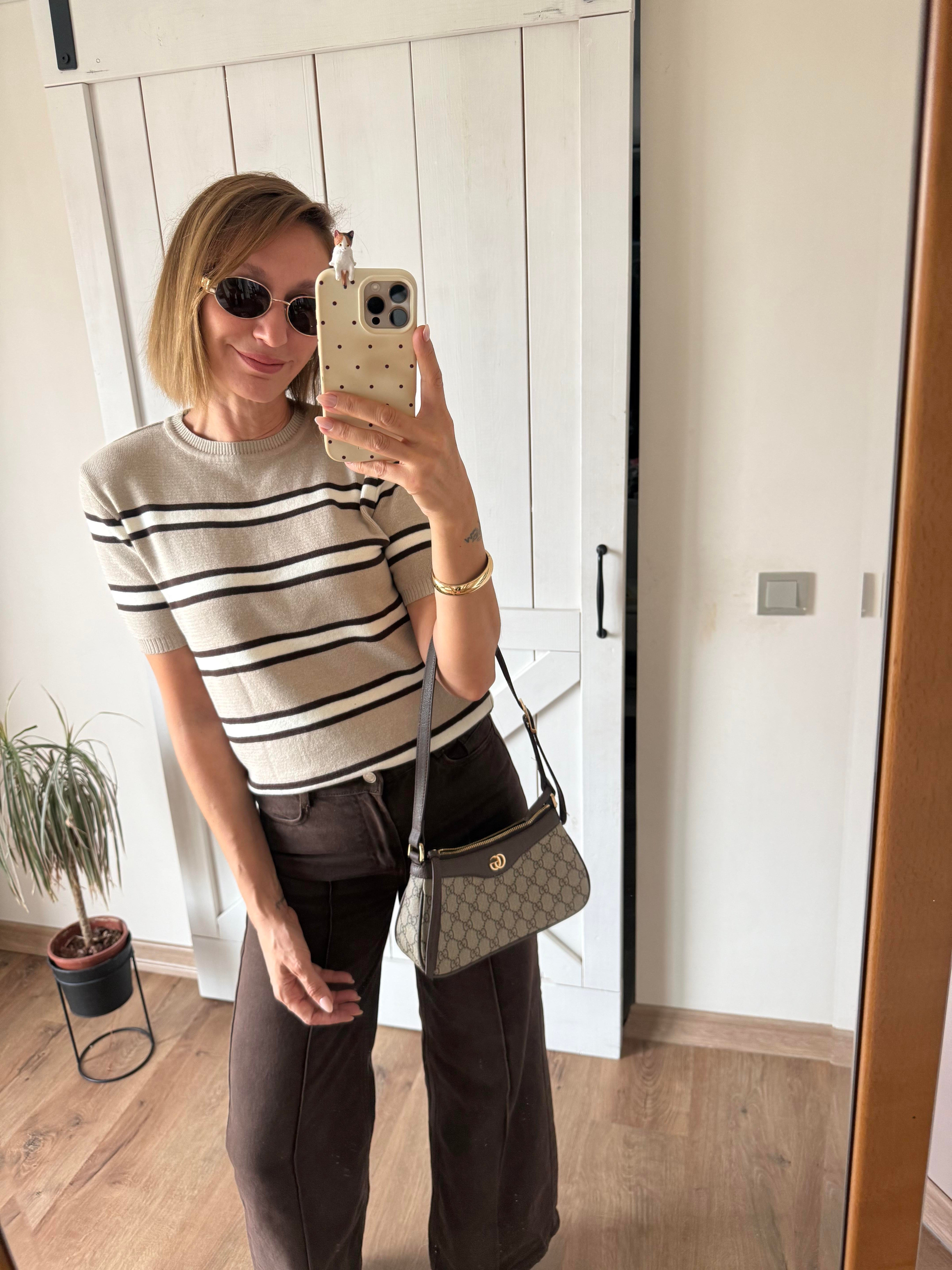 Bisiklet Yaka Çizgili Triko/Ekru