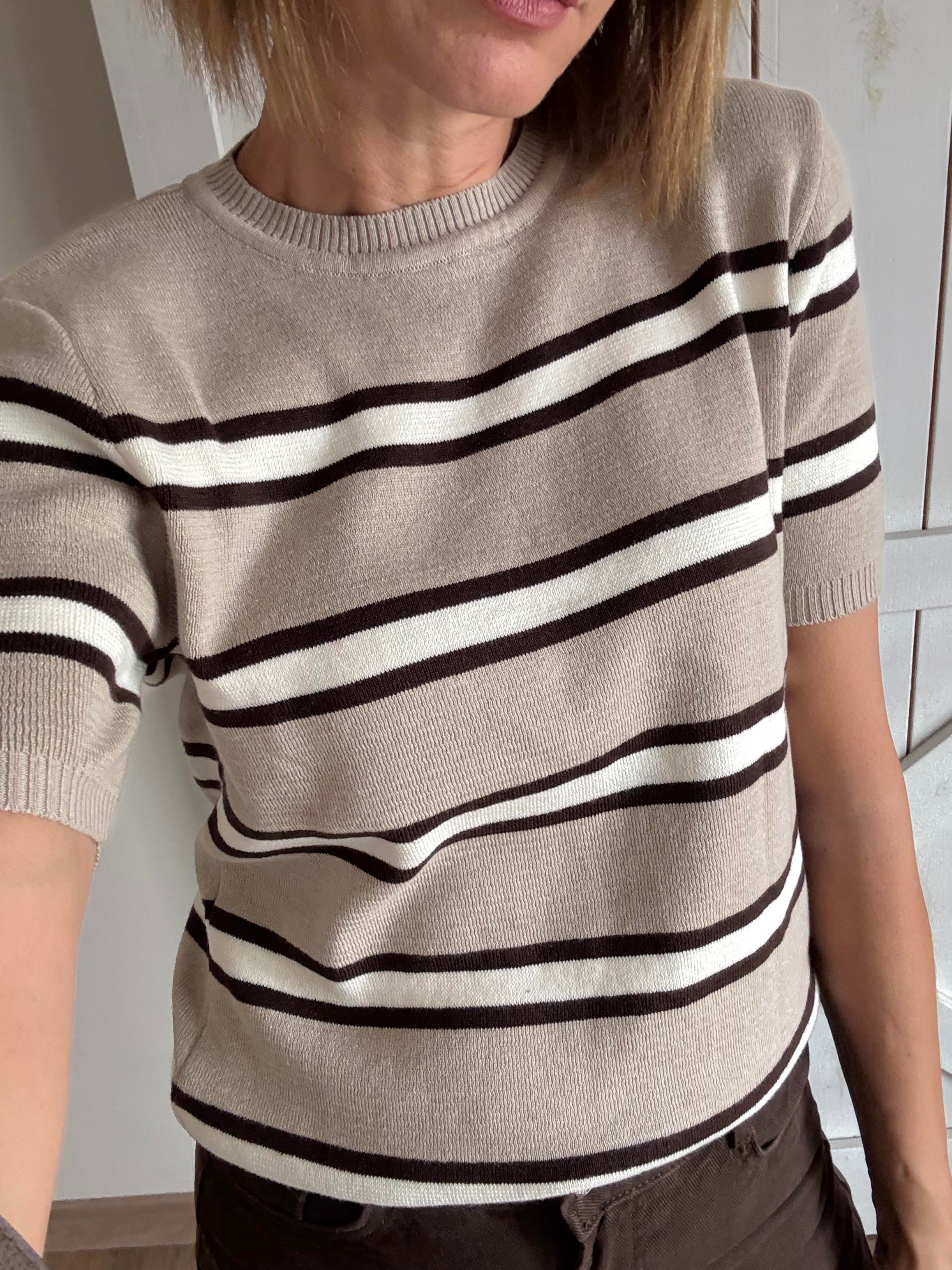 Bisiklet Yaka Çizgili Triko/Ekru