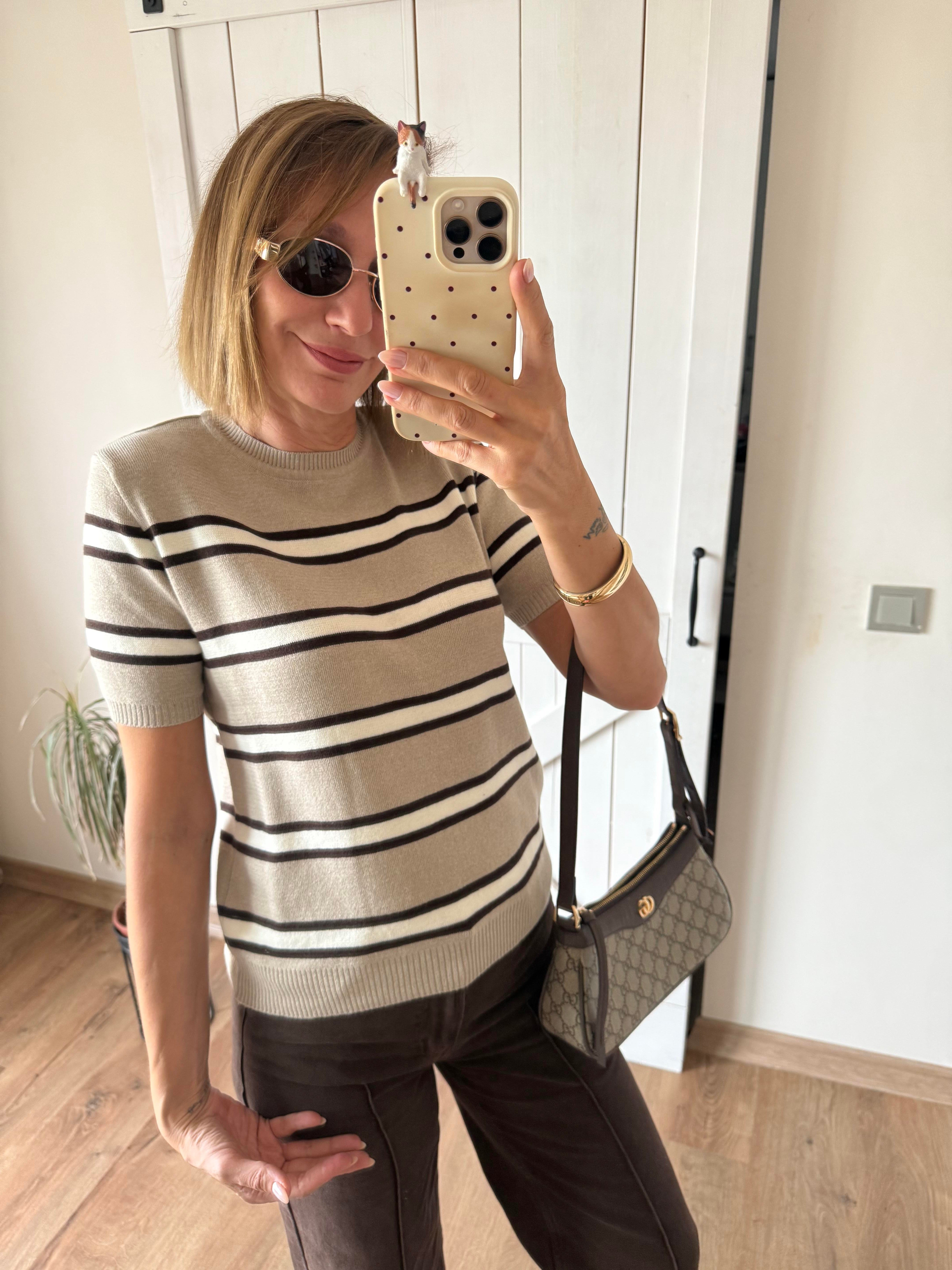 Bisiklet Yaka Çizgili Triko/Ekru