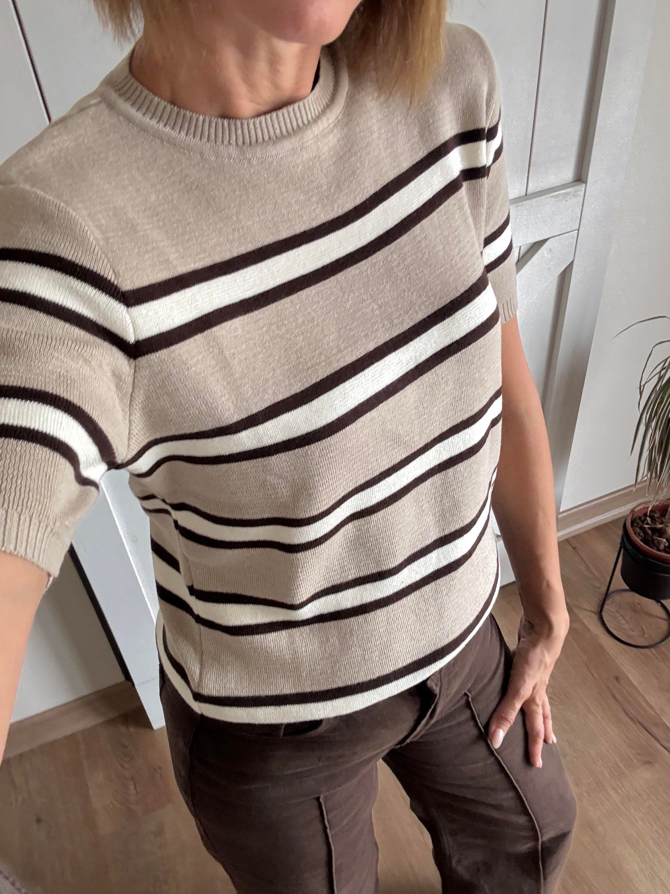 Bisiklet Yaka Çizgili Triko/Ekru