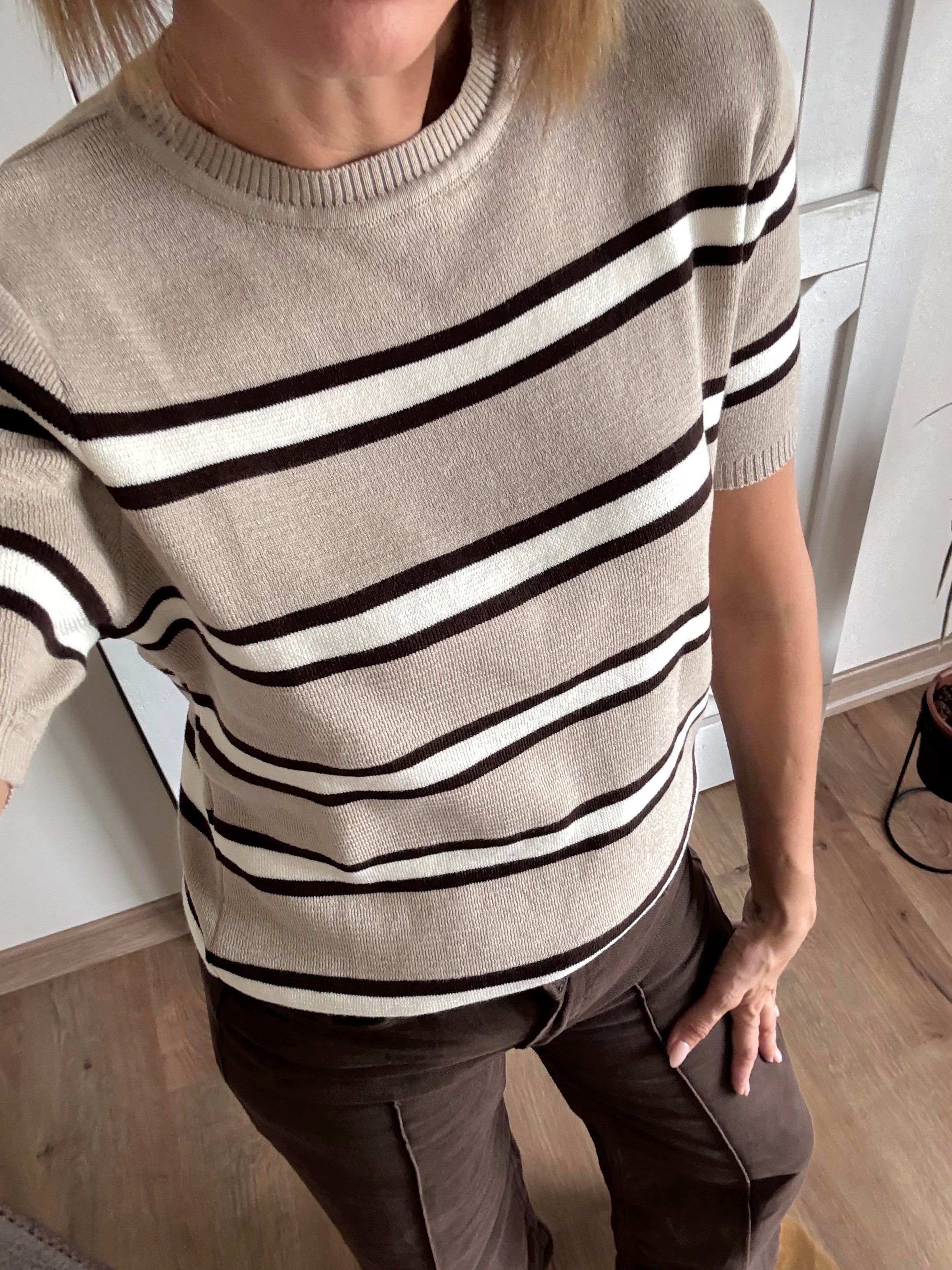 Bisiklet Yaka Çizgili Triko/Ekru