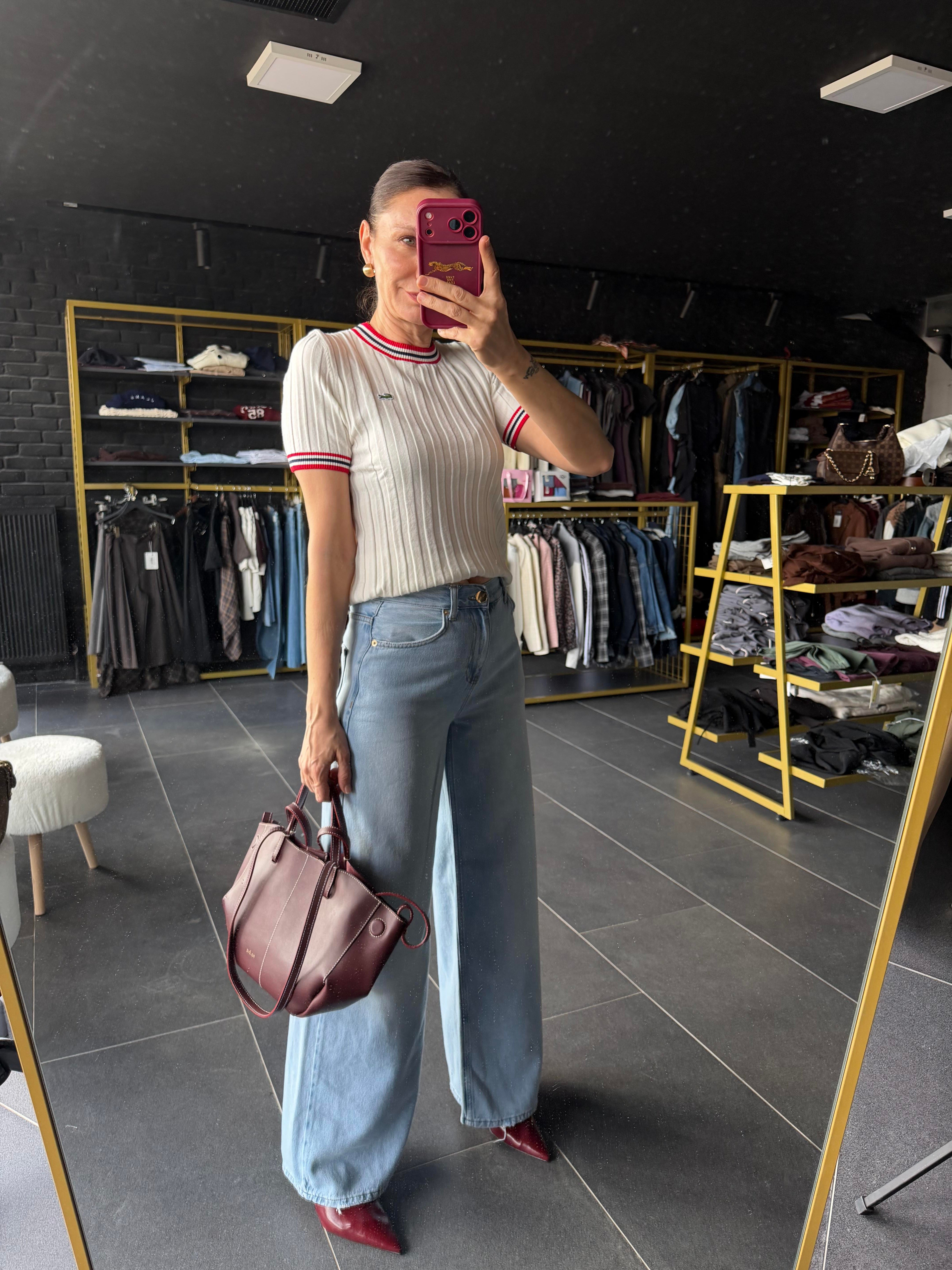 Biyeli Kırık Beyaz Lcs Triko Tshirt