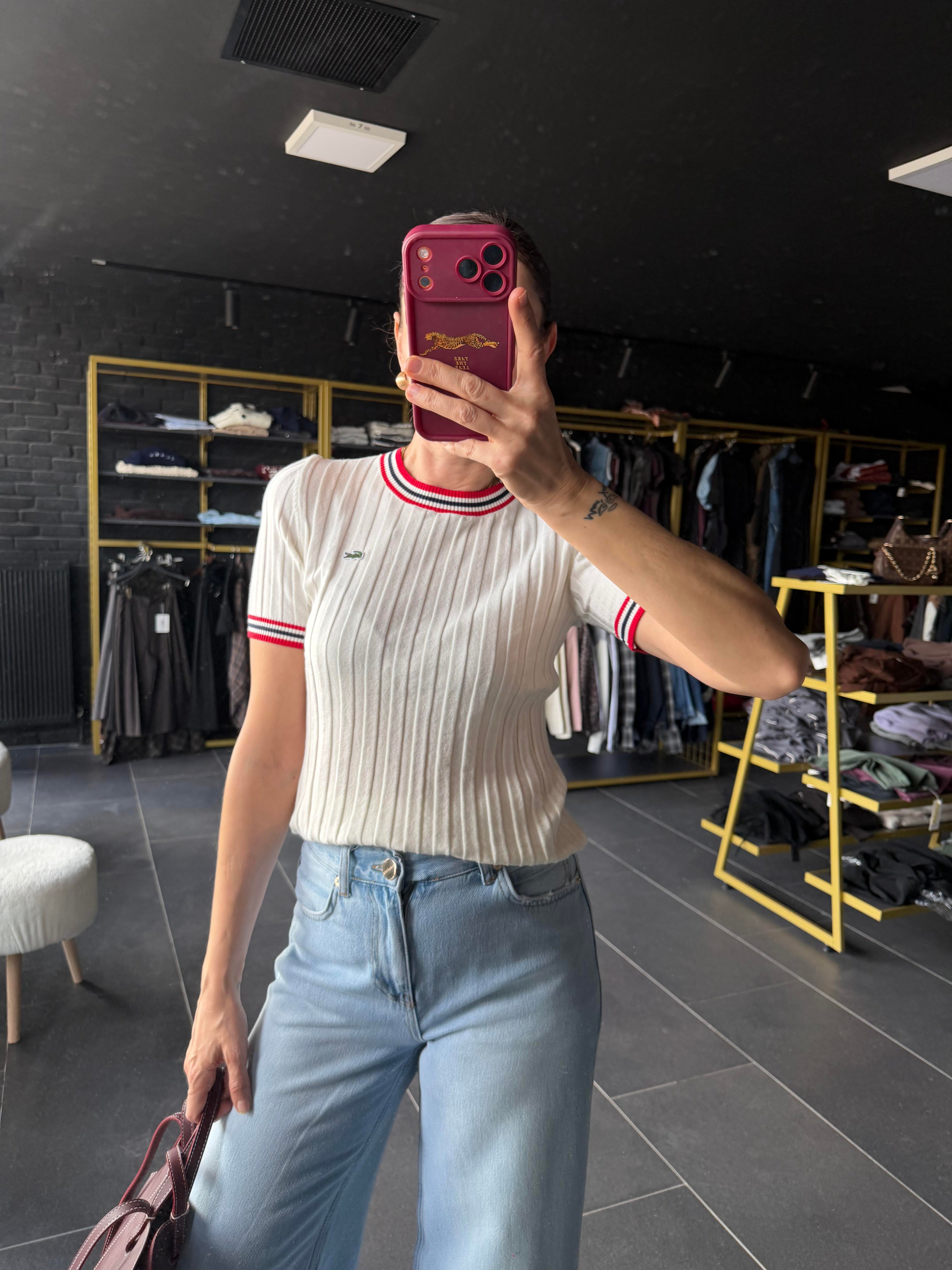 Biyeli Kırık Beyaz Lcs Triko Tshirt