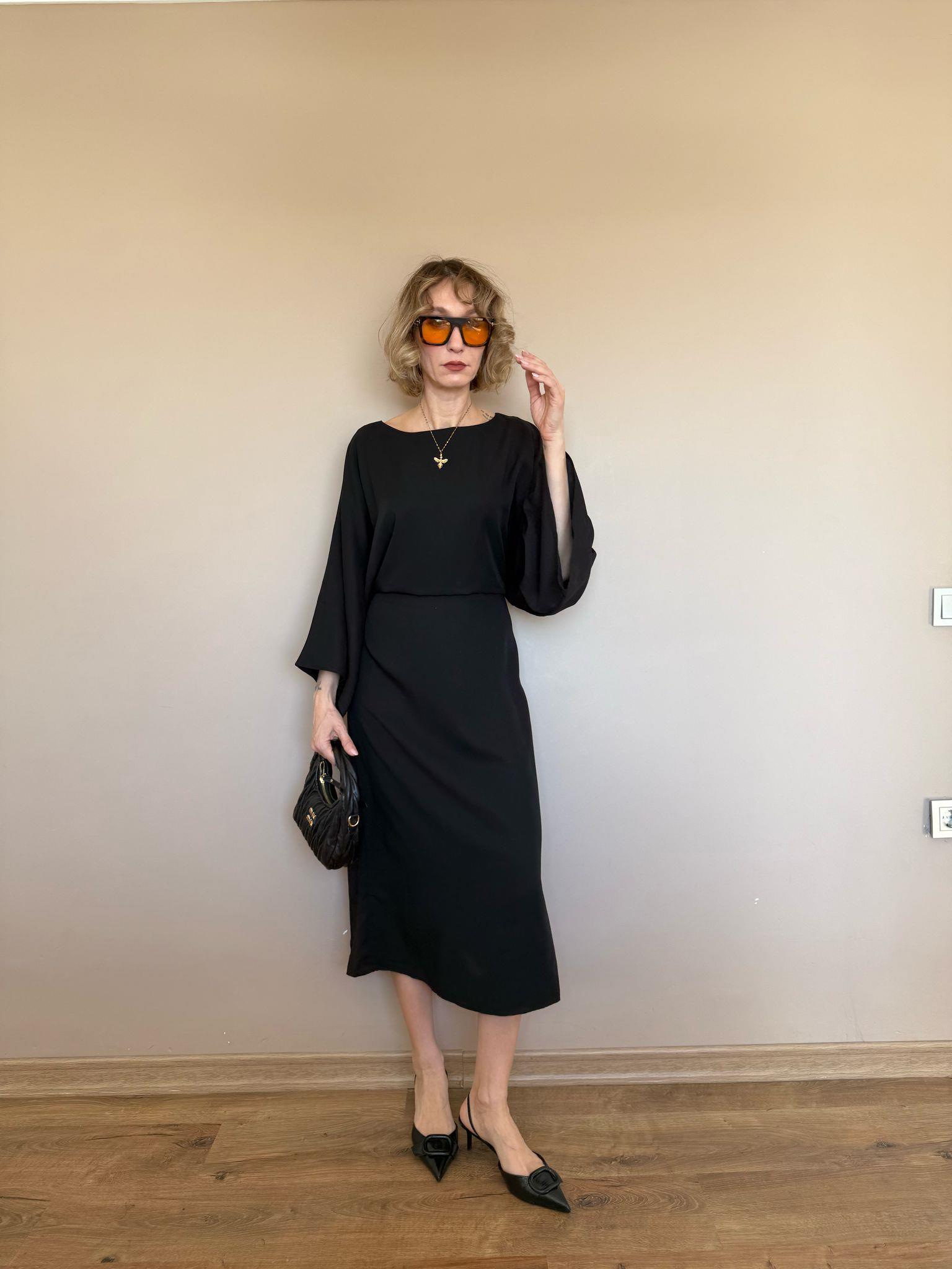 Black Yarasa Kol Bel Büzdürme Ayarlamalı Elbise