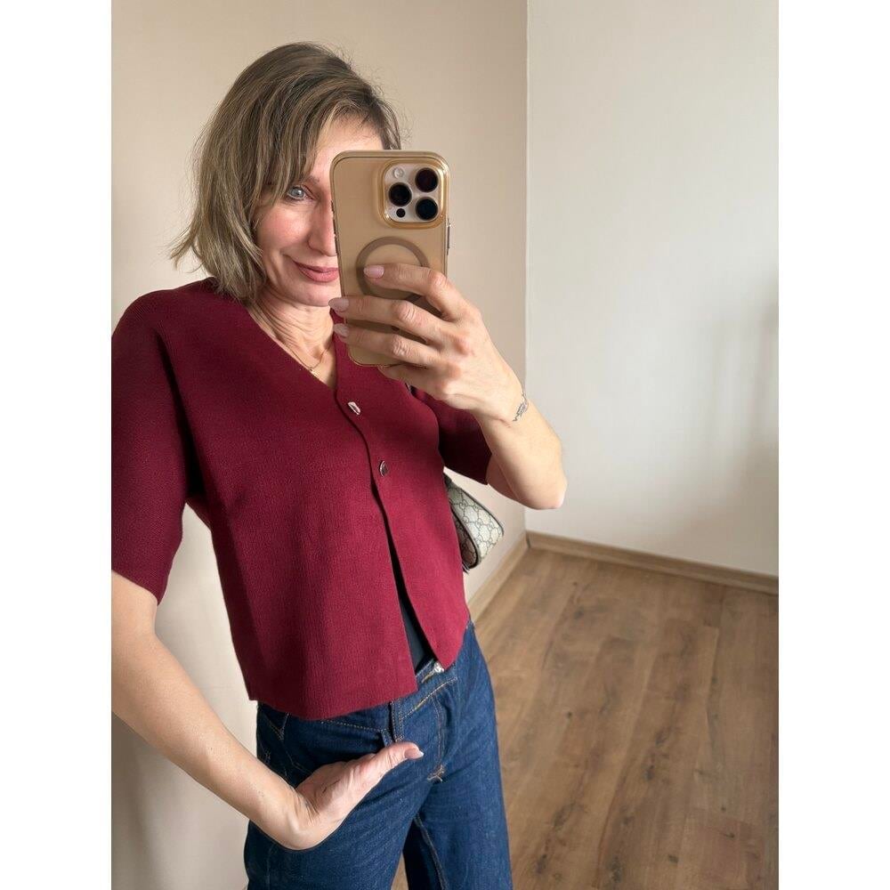 Bordo Düğme Detaylı Çelik Örme Kadın Hırka