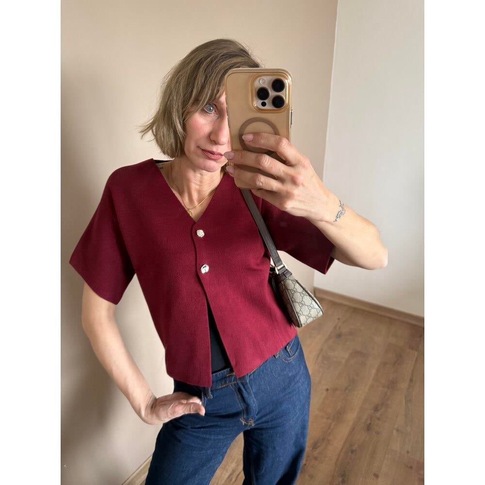 Bordo Düğme Detaylı Çelik Örme Kadın Hırka