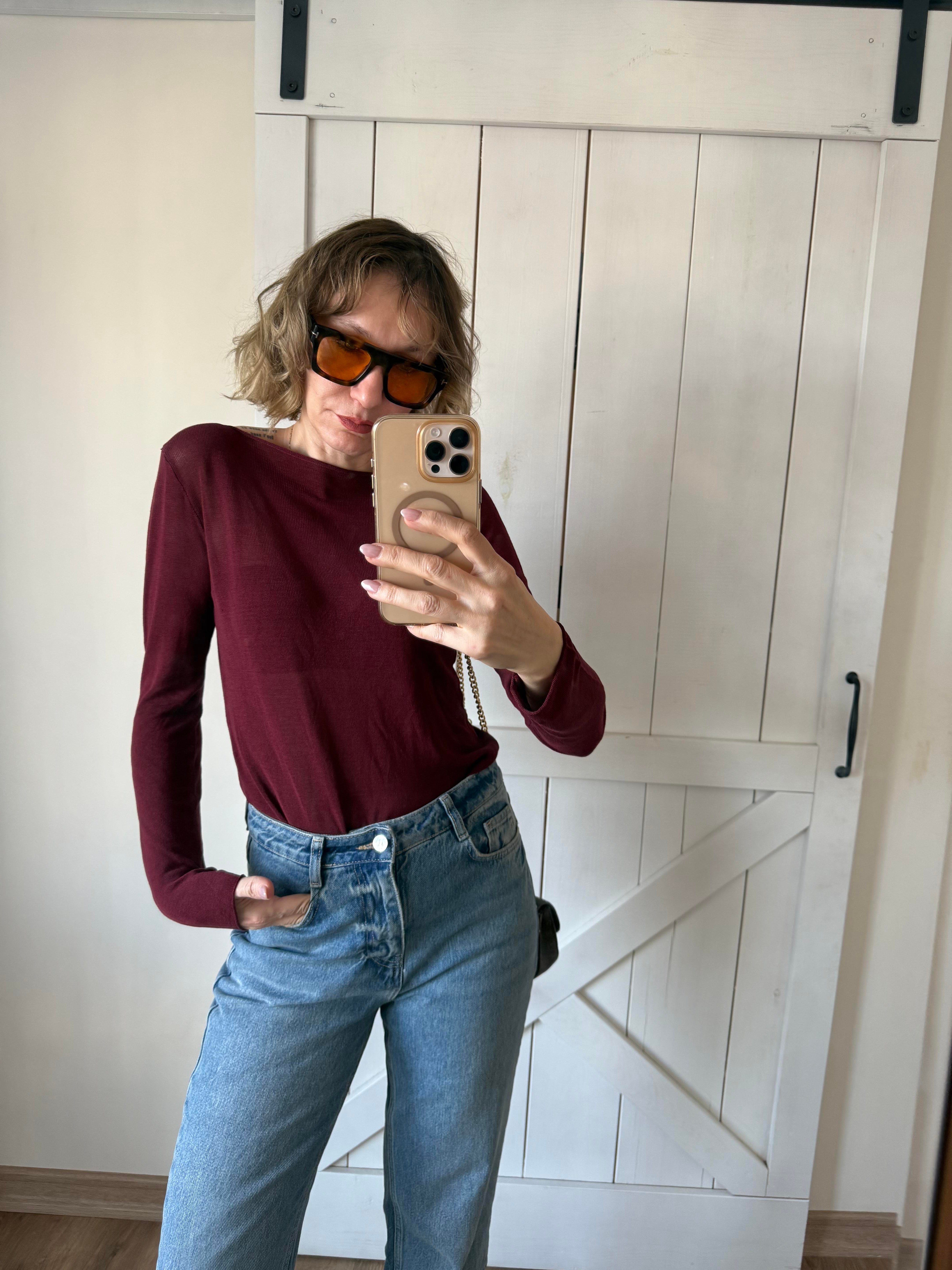 Bordo Kayık Yaka Transparan Bluz