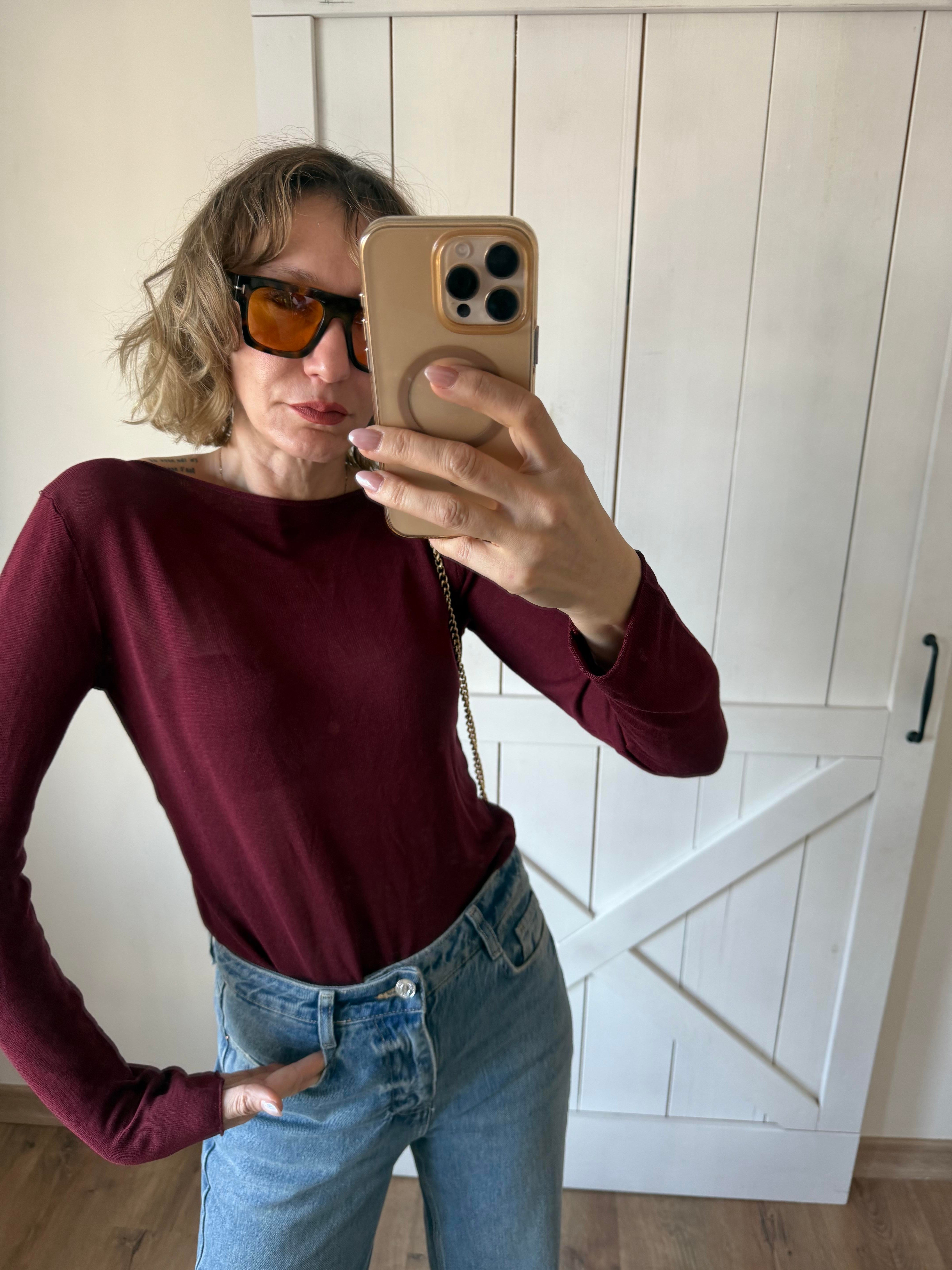 Bordo Kayık Yaka Transparan Bluz