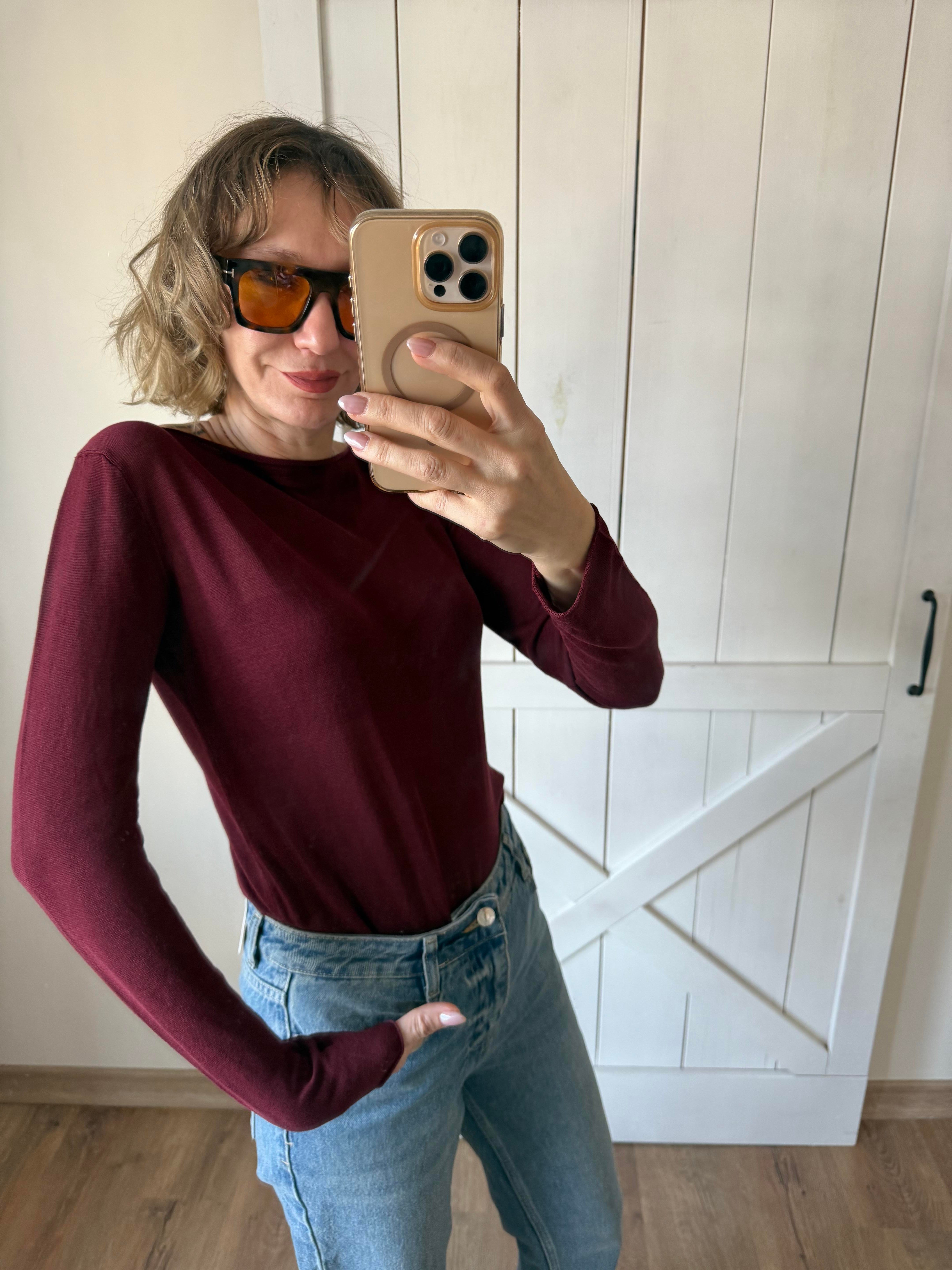 Bordo Kayık Yaka Transparan Bluz