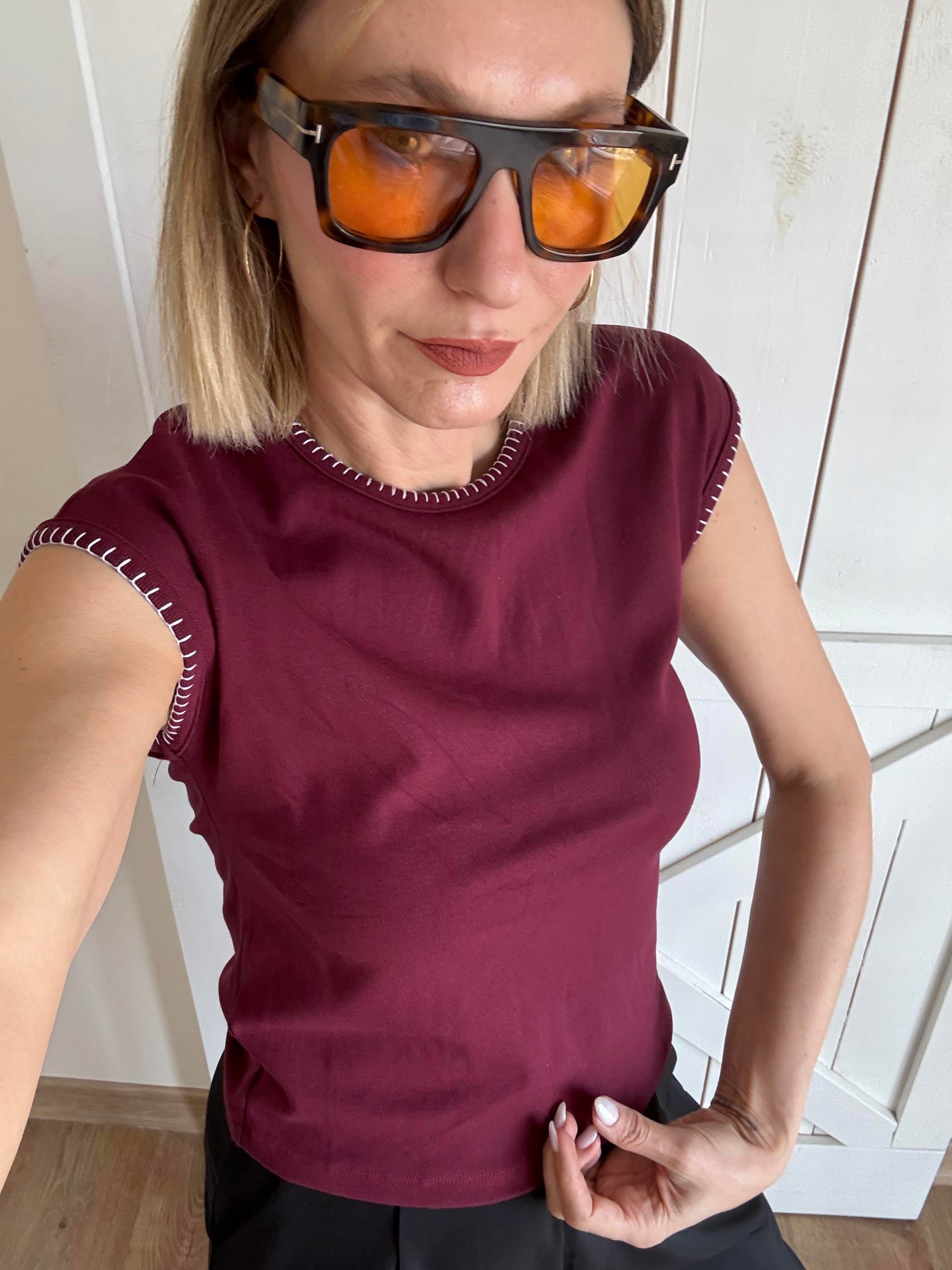 Bordo Kroşeta Dikişli Tişört