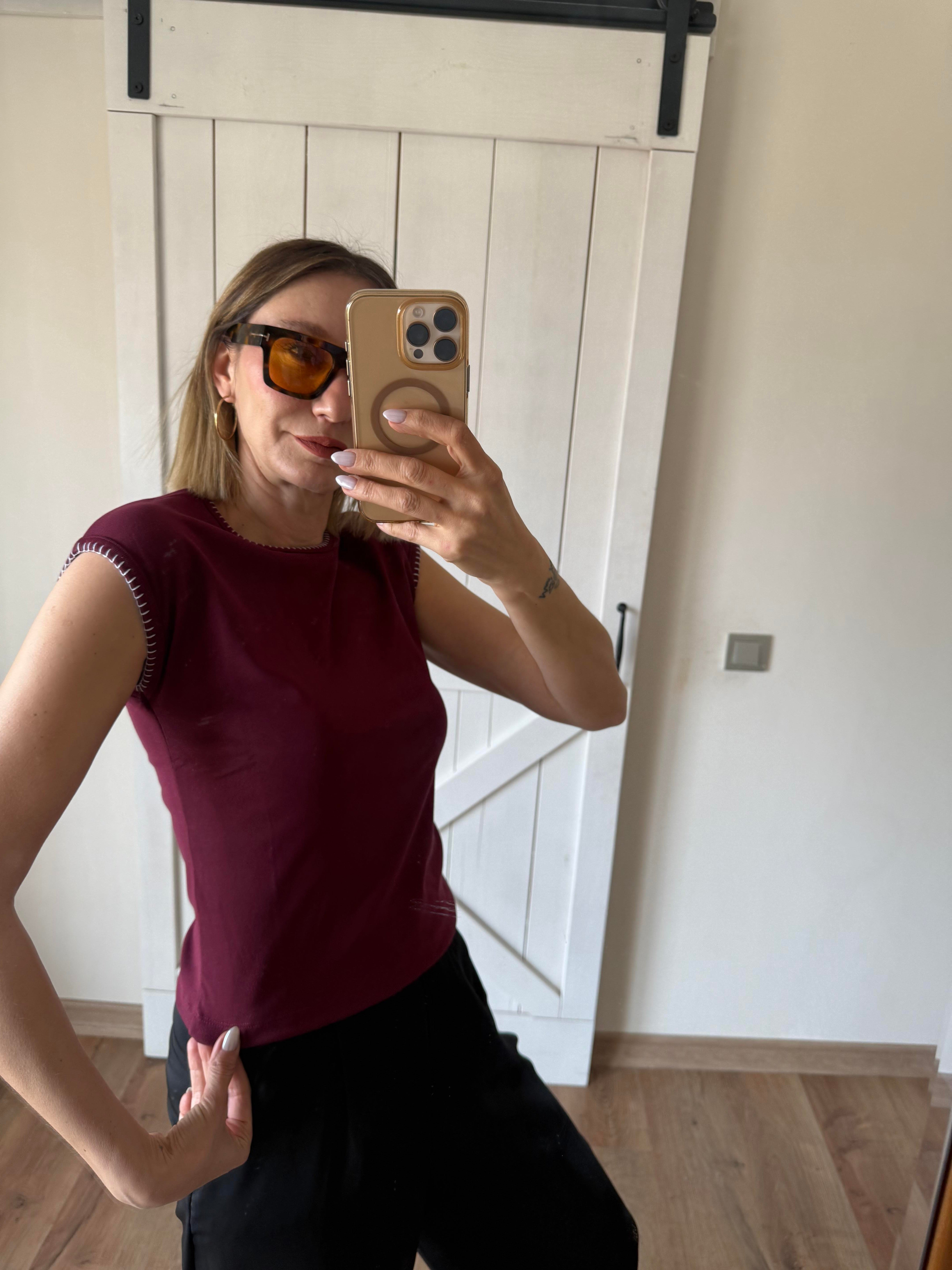 Bordo Kroşeta Dikişli Tişört