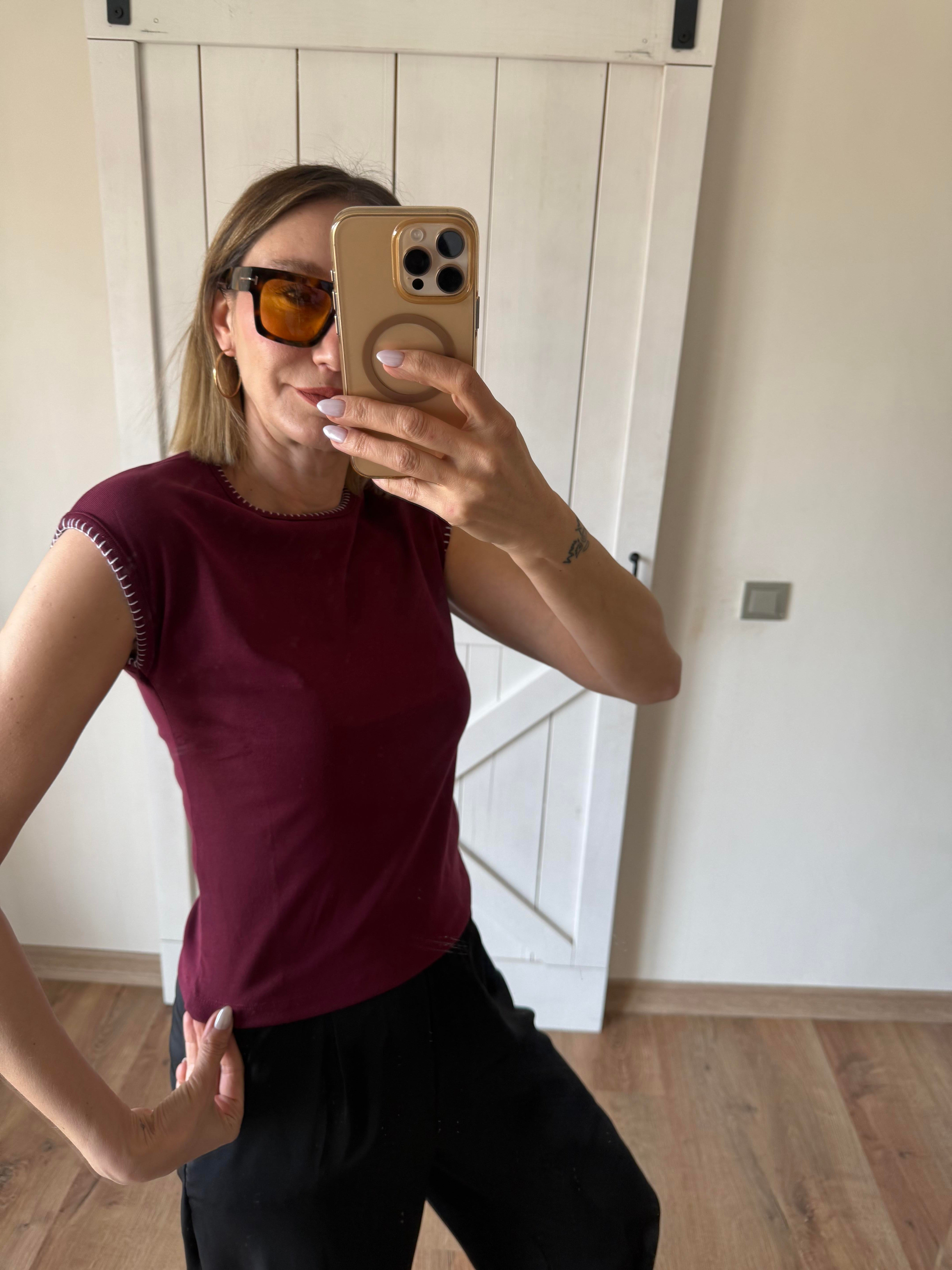 Bordo Kroşeta Dikişli Tişört