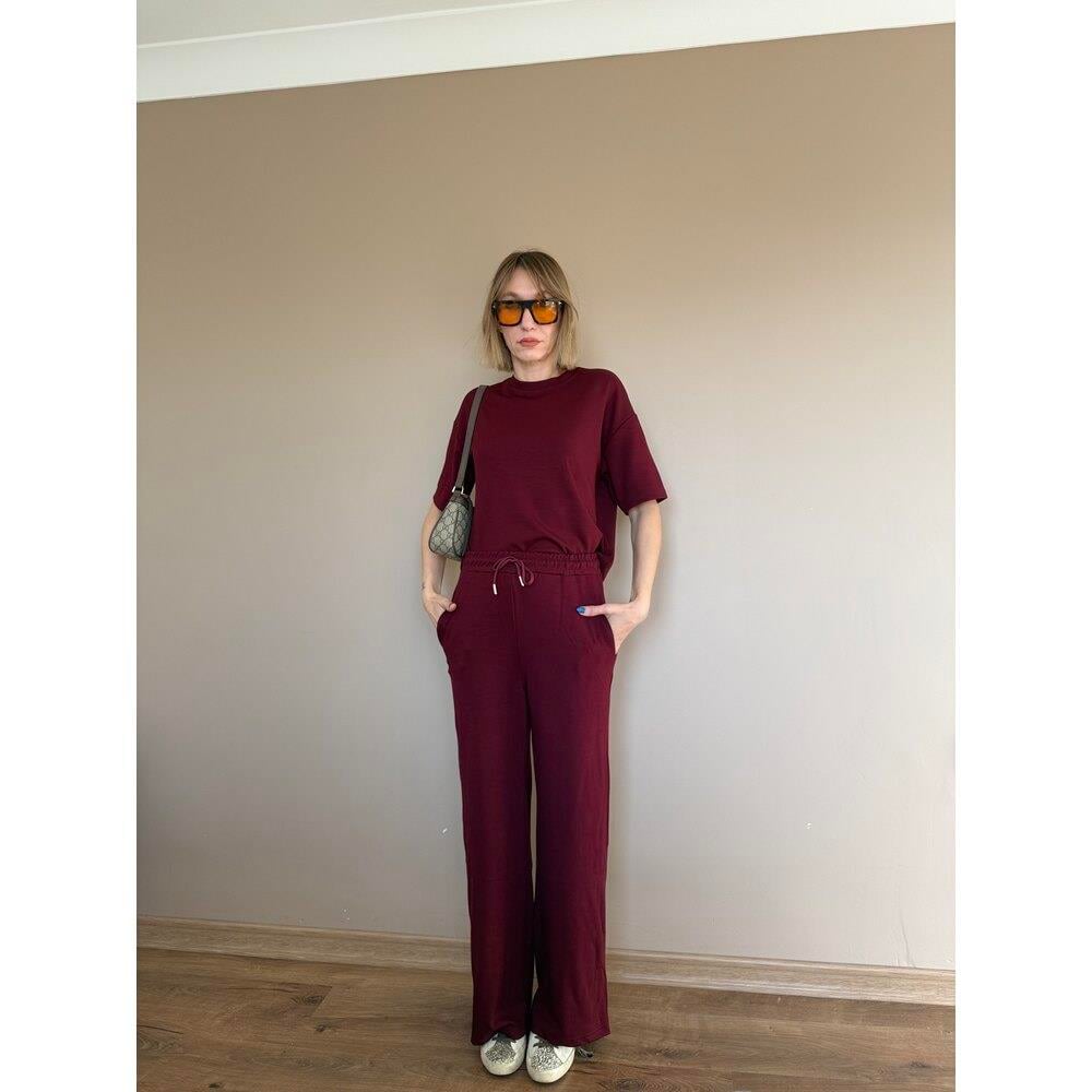 Bordo Oversize Yarım Kollu Sweat Pantolon