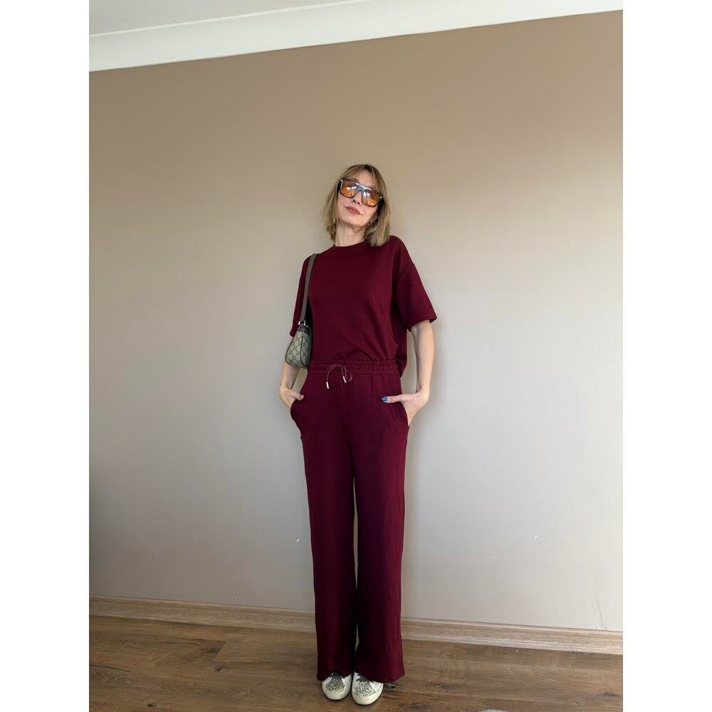 Bordo Oversize Yarım Kollu Sweat Pantolon