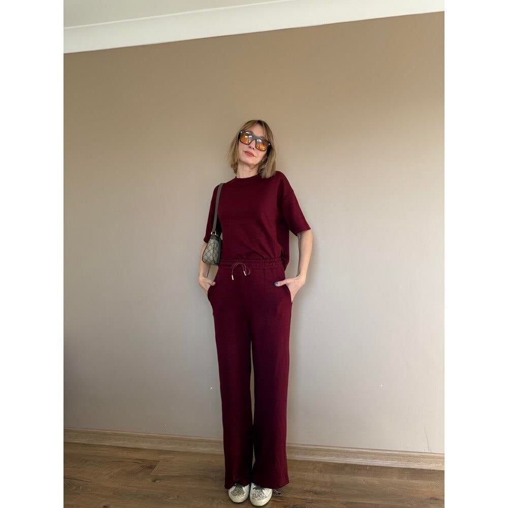 Bordo Oversize Yarım Kollu Sweat Pantolon