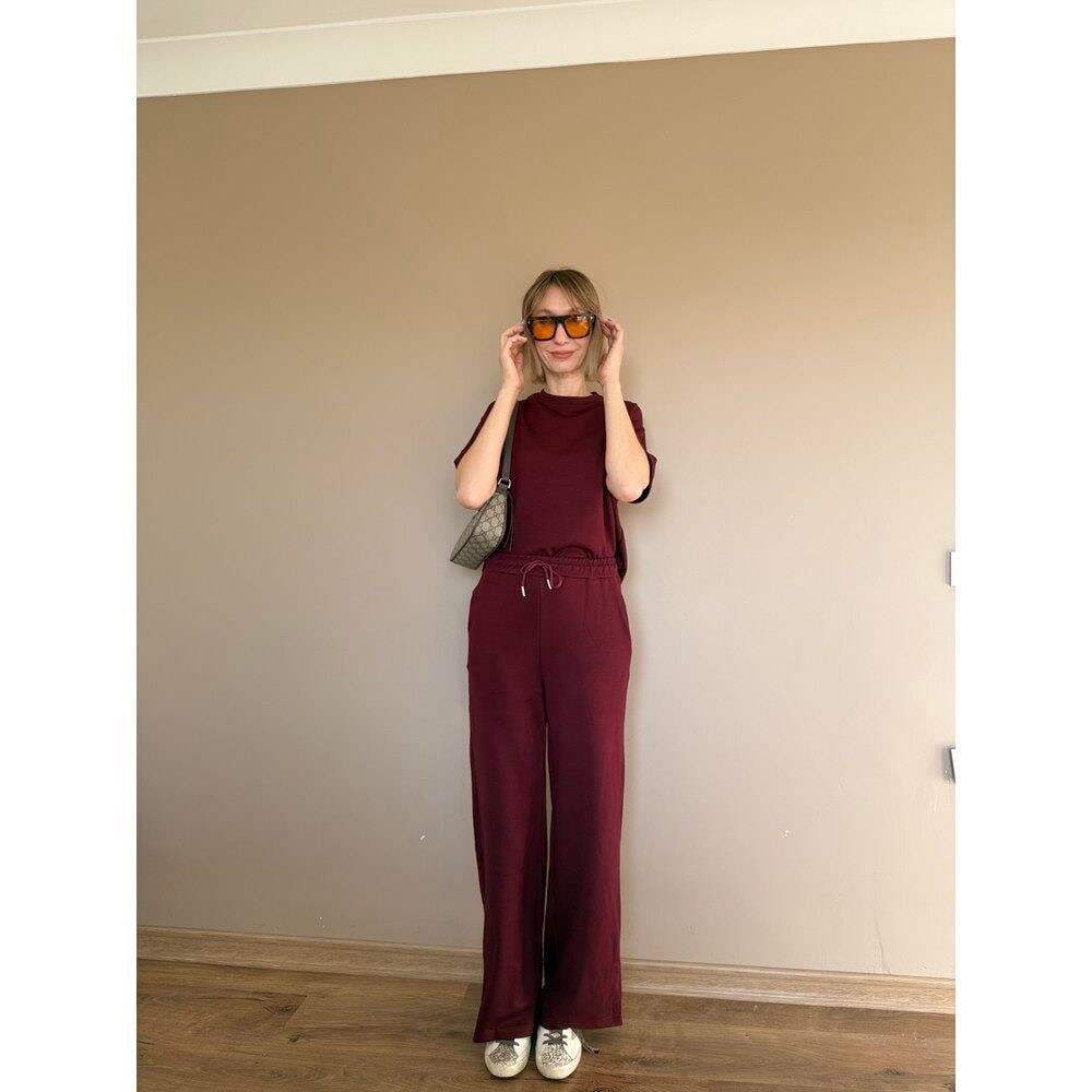 Bordo Oversize Yarım Kollu Sweat Pantolon